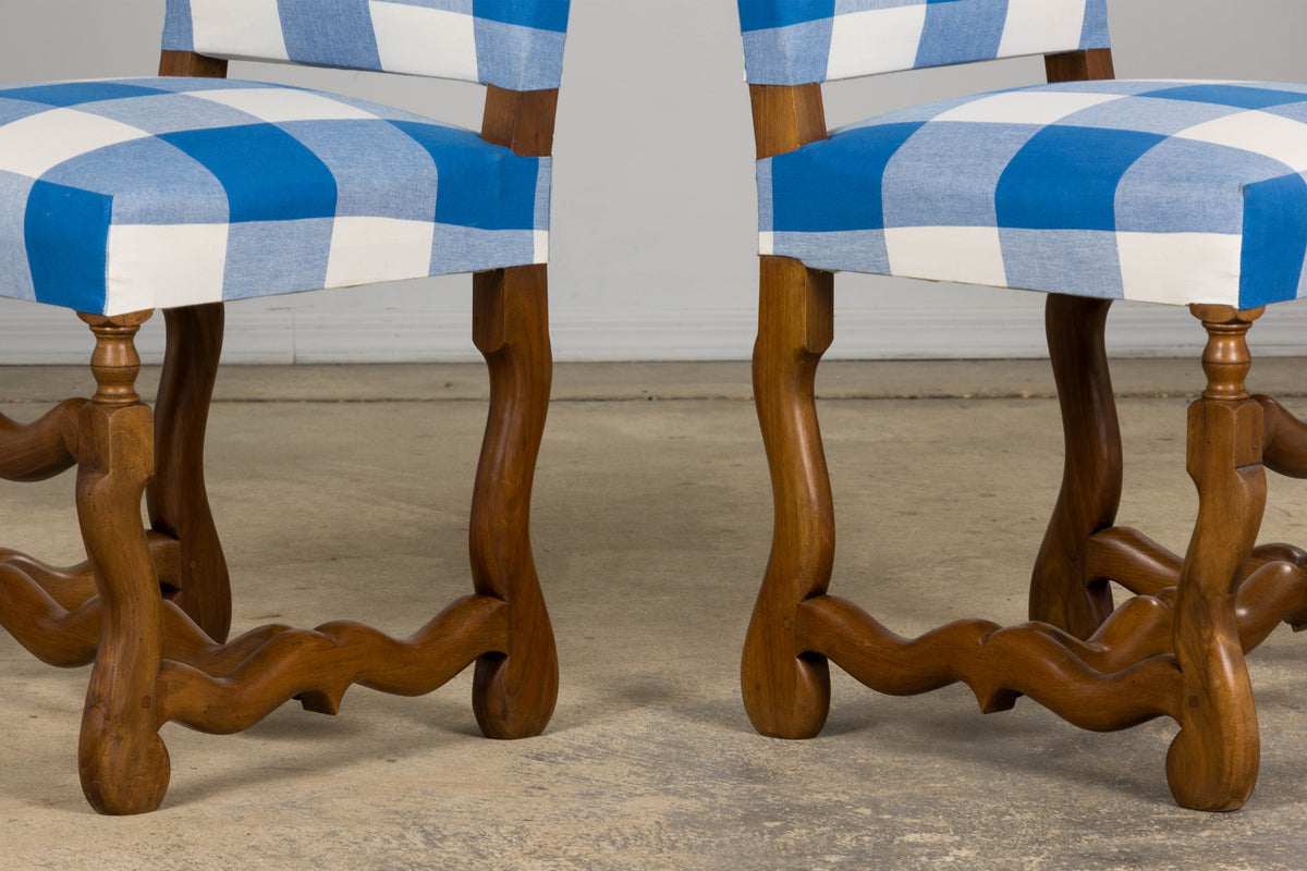 French Louis XIII Style Os De Mouton Walnut Dining Chairs W/ Tabourets in Blue Plaid - Set of 8