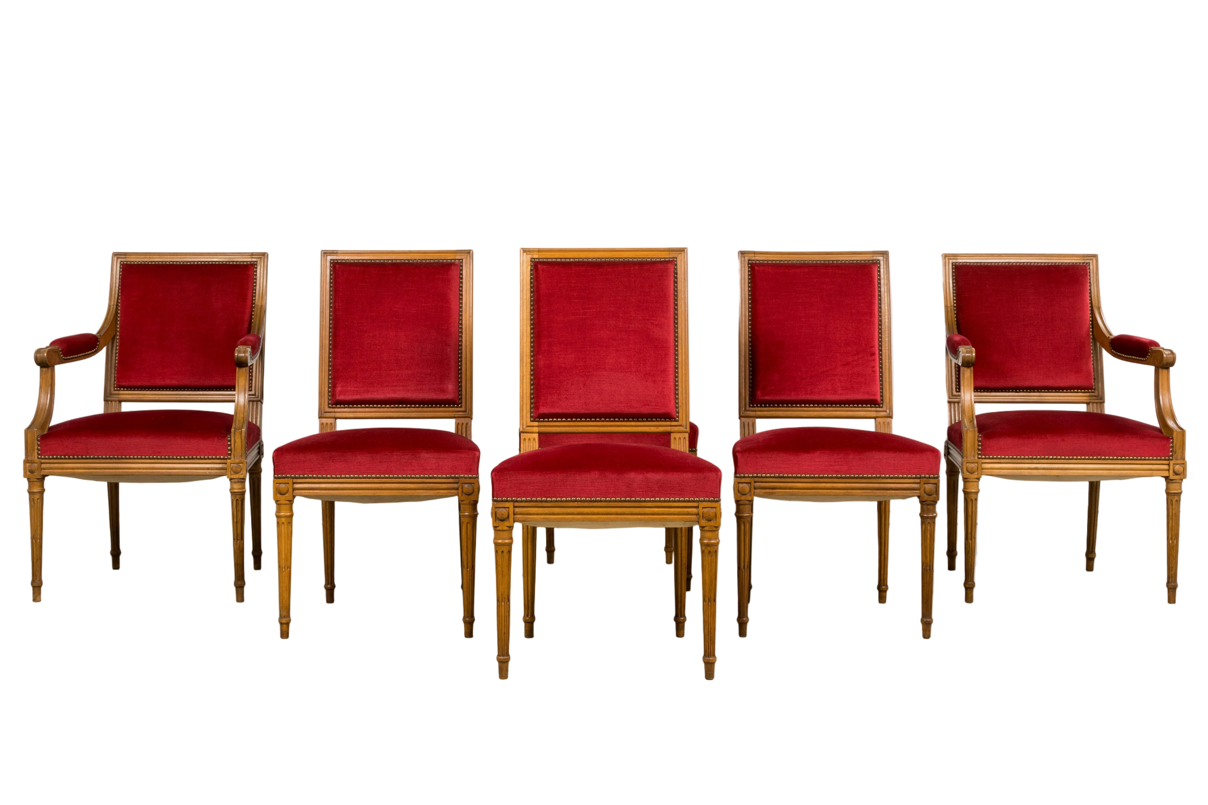 French Louis XVI Style Dining Chairs W/ Red Velvet - Set of 6