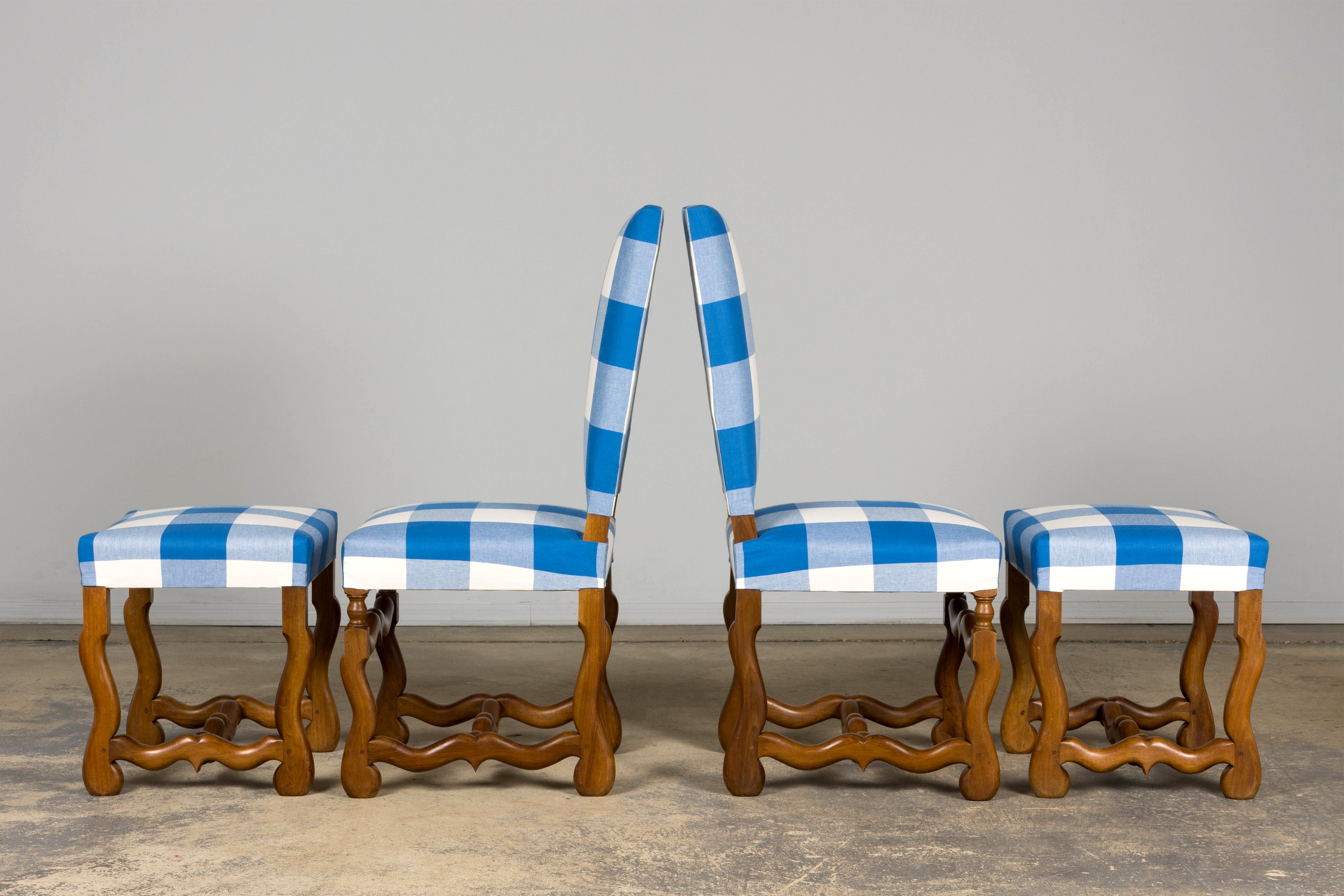 French Louis XIII Style Os De Mouton Walnut Dining Chairs W/ Tabourets in Blue Plaid - Set of 8
