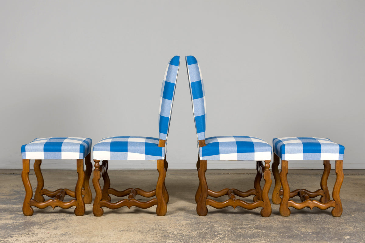 French Louis XIII Style Os De Mouton Walnut Dining Chairs W/ Tabourets in Blue Plaid - Set of 8