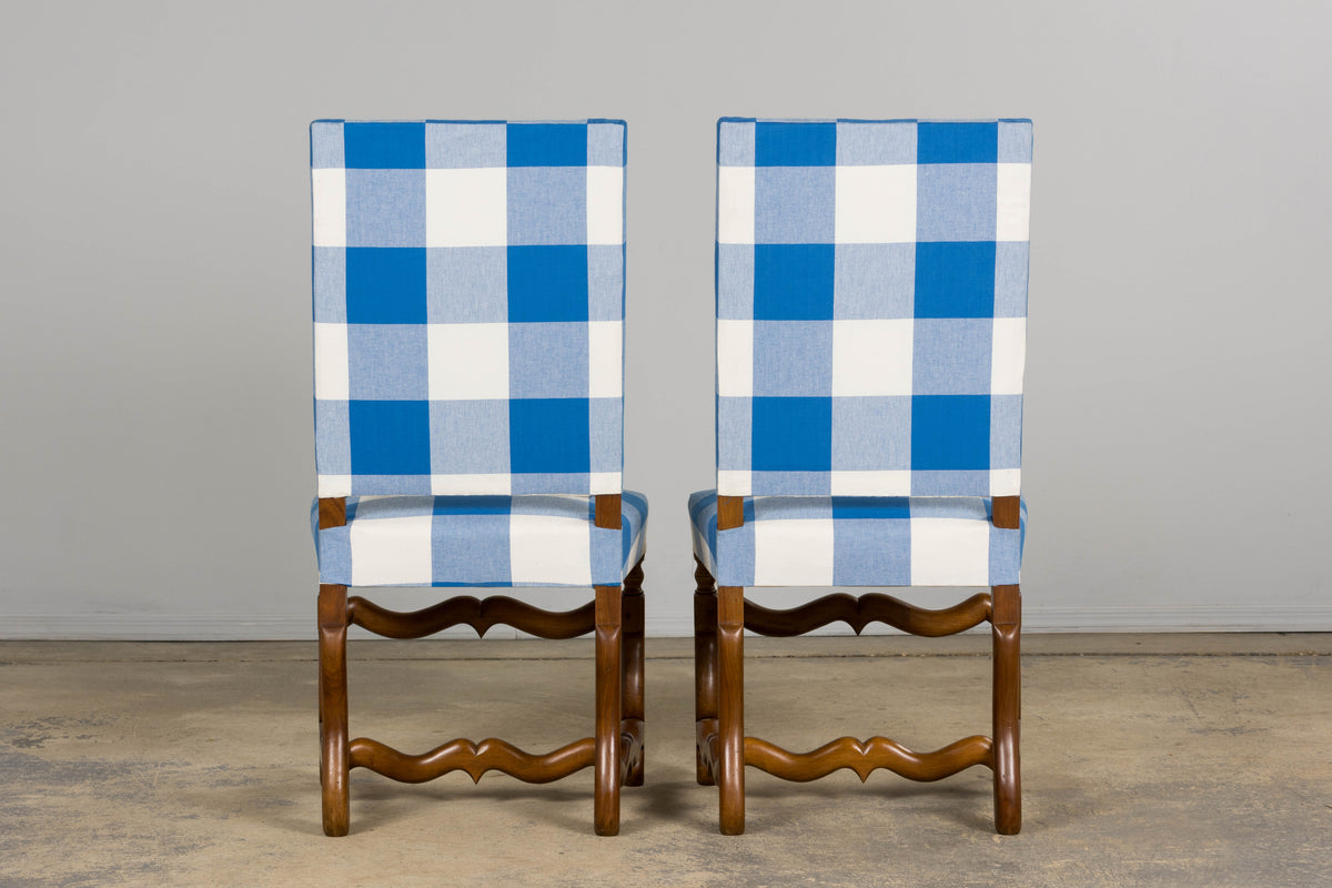 French Louis XIII Style Os De Mouton Walnut Dining Chairs W/ Tabourets in Blue Plaid - Set of 8