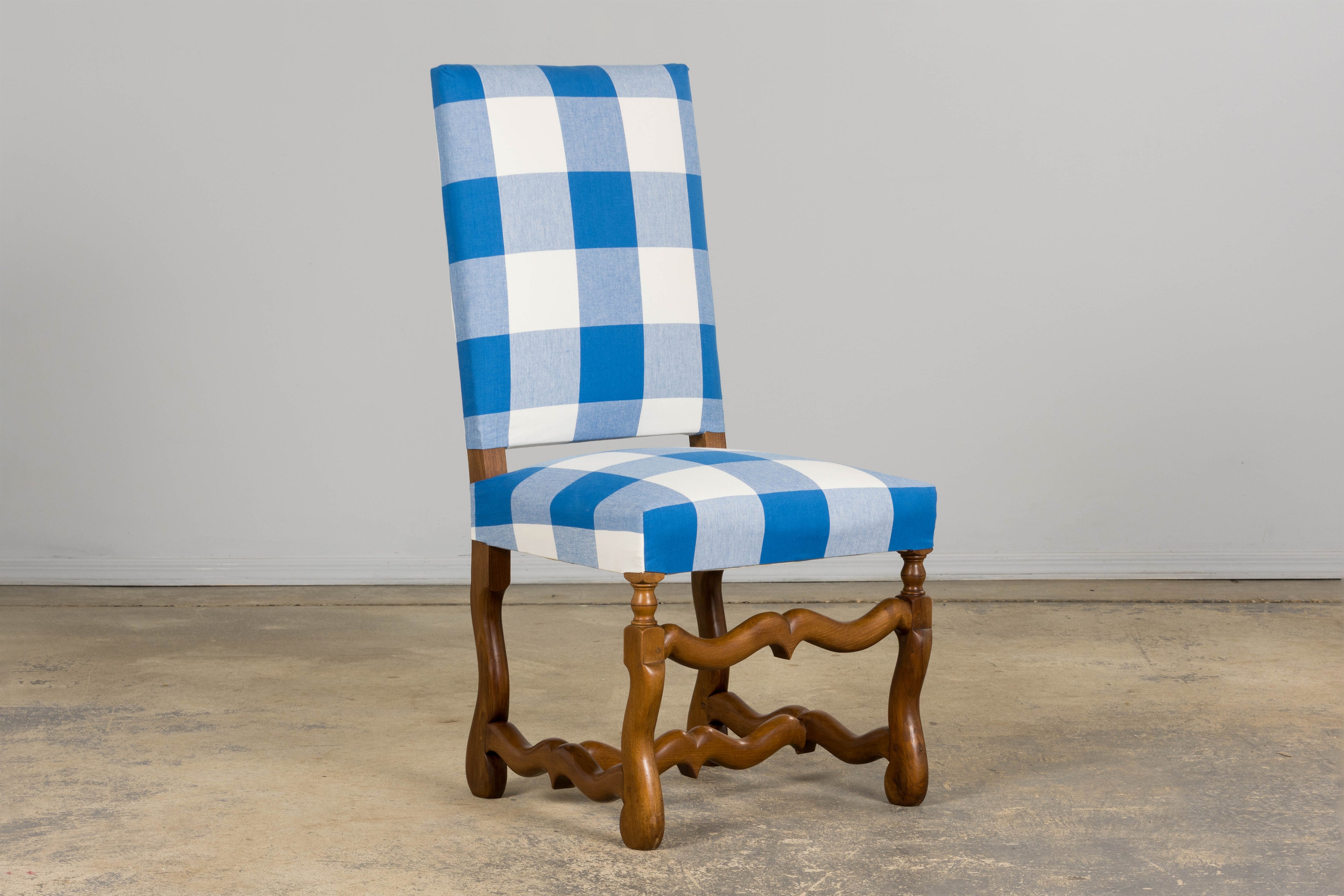 French Louis XIII Style Os De Mouton Walnut Dining Chairs W/ Tabourets in Blue Plaid - Set of 8