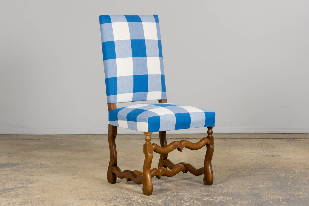 French Louis XIII Style Os De Mouton Walnut Dining Chairs W/ Tabourets in Blue Plaid - Set of 8