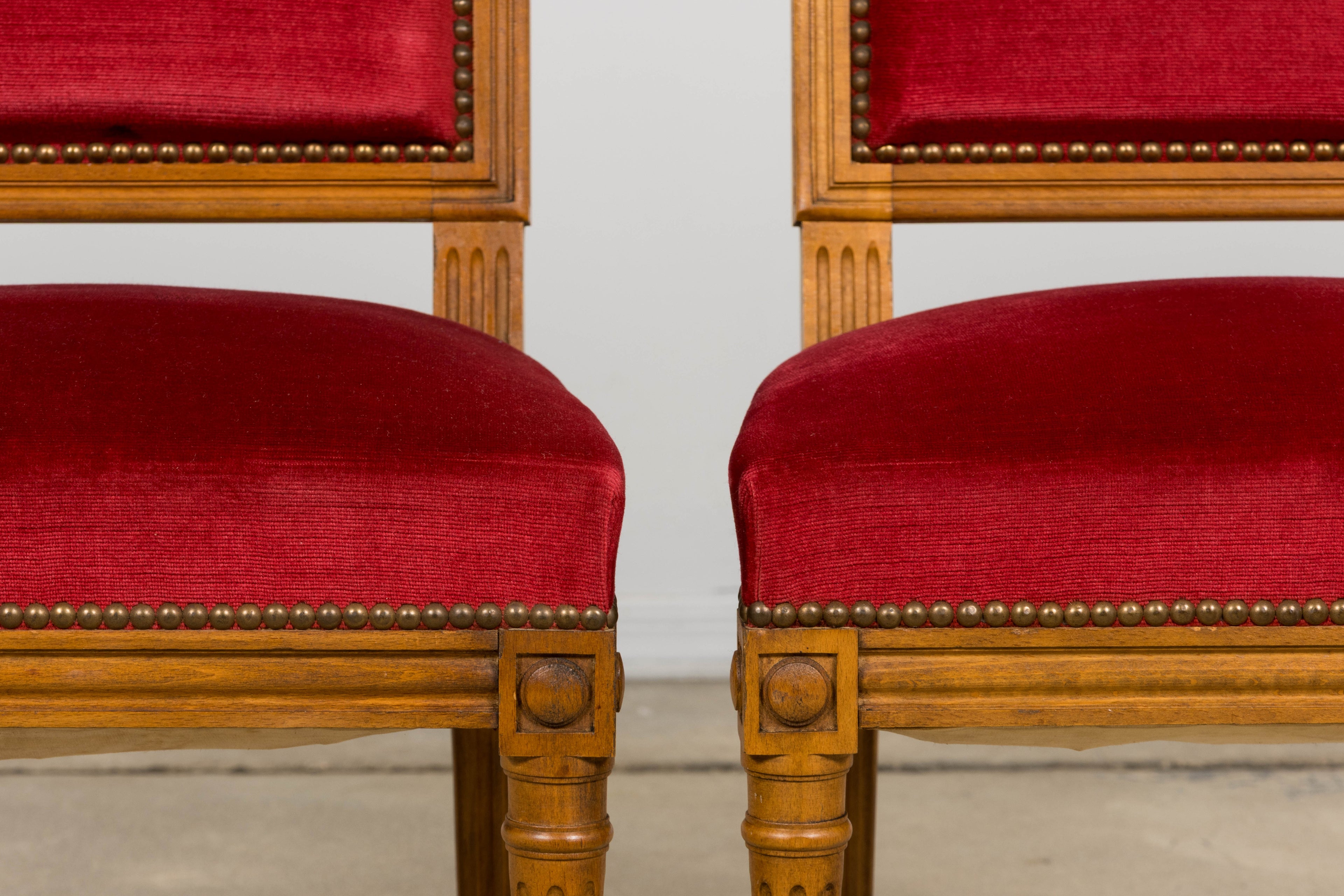 French Louis XVI Style Dining Chairs W/ Red Velvet - Set of 6