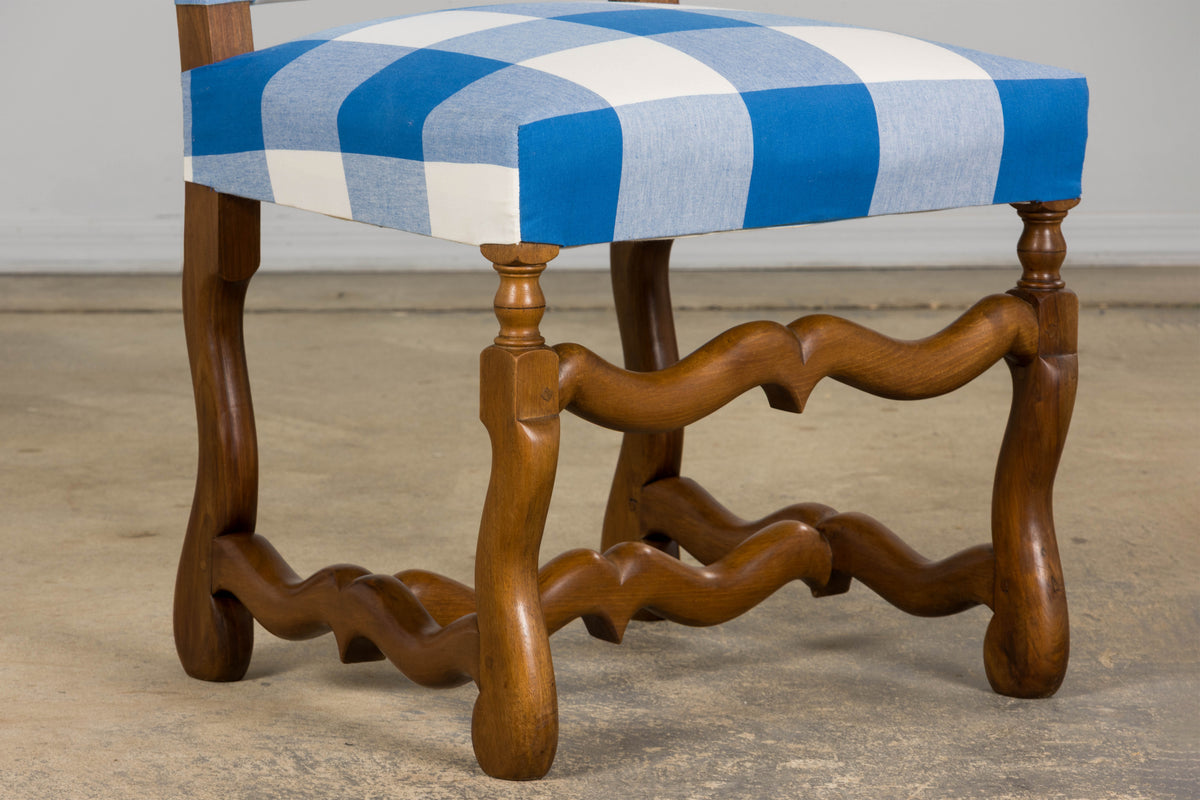 French Louis XIII Style Os De Mouton Walnut Dining Chairs W/ Tabourets in Blue Plaid - Set of 8