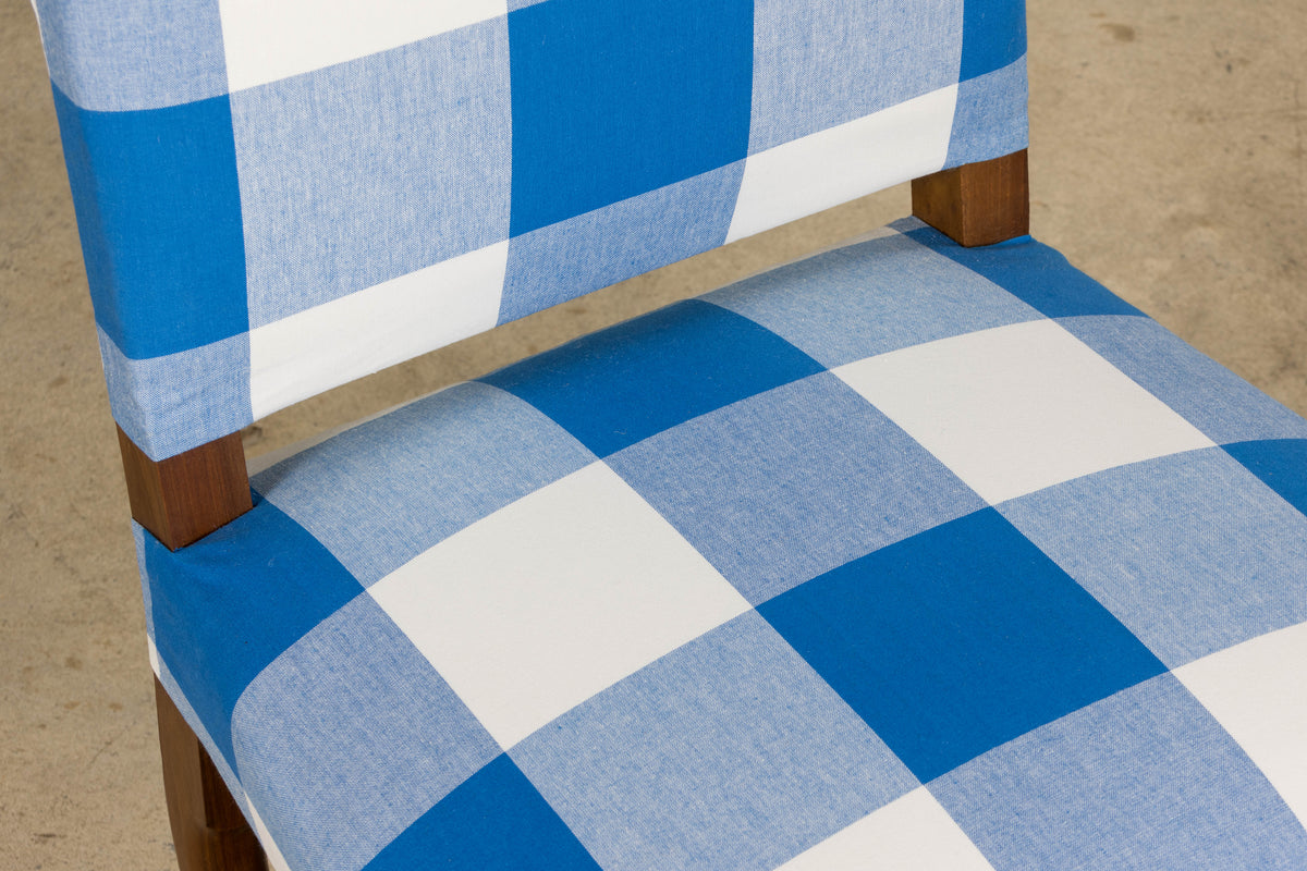 French Louis XIII Style Os De Mouton Walnut Dining Chairs W/ Tabourets in Blue Plaid - Set of 8
