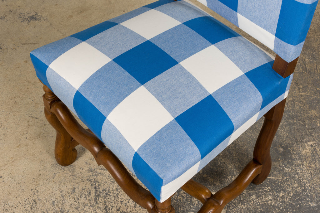 French Louis XIII Style Os De Mouton Walnut Dining Chairs W/ Tabourets in Blue Plaid - Set of 8