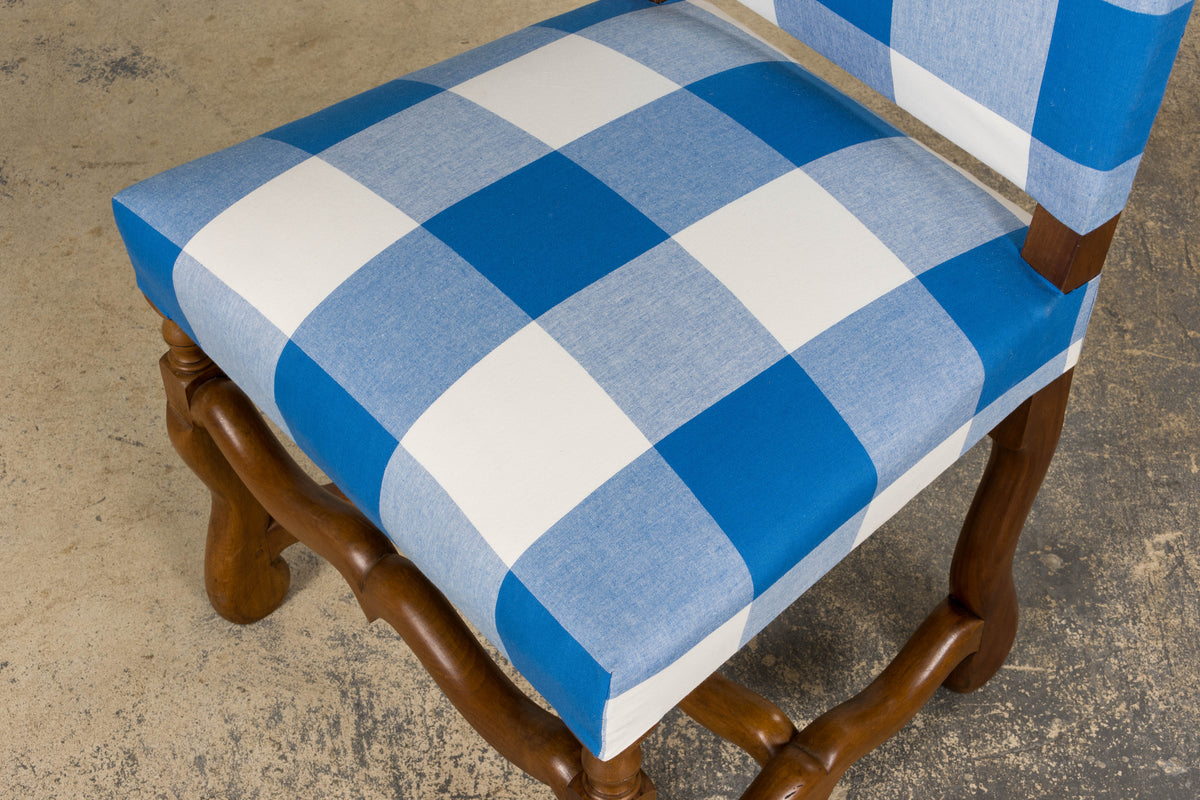 French Louis XIII Style Os De Mouton Walnut Dining Chairs W/ Tabourets in Blue Plaid - Set of 8