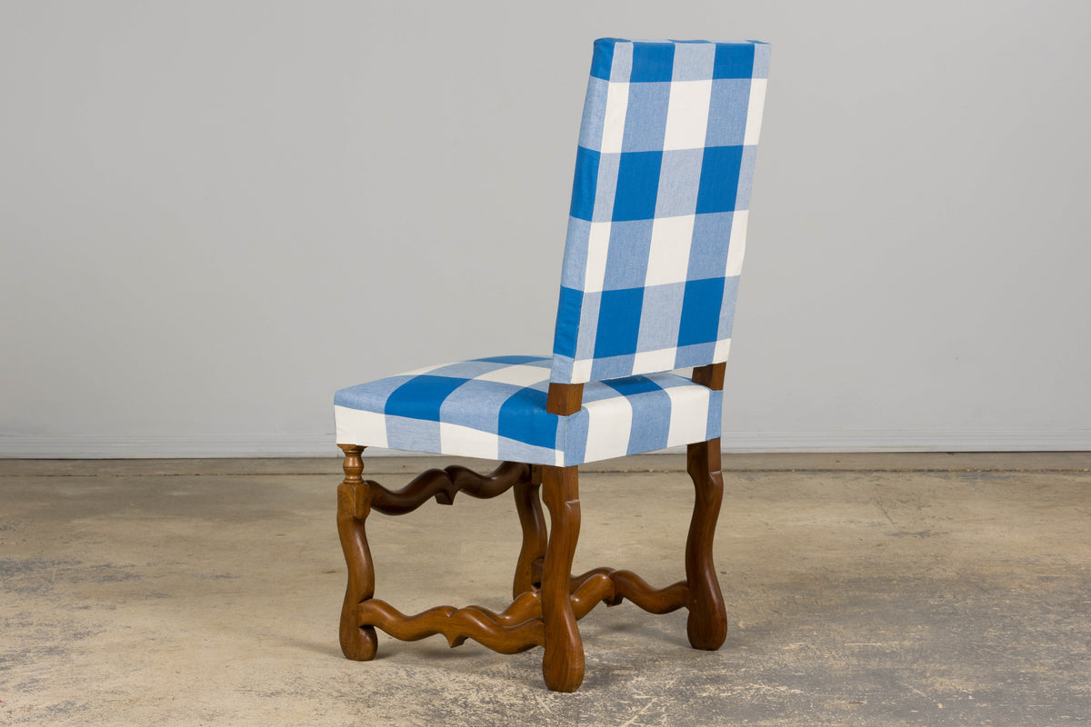 French Louis XIII Style Os De Mouton Walnut Dining Chairs W/ Tabourets in Blue Plaid - Set of 8
