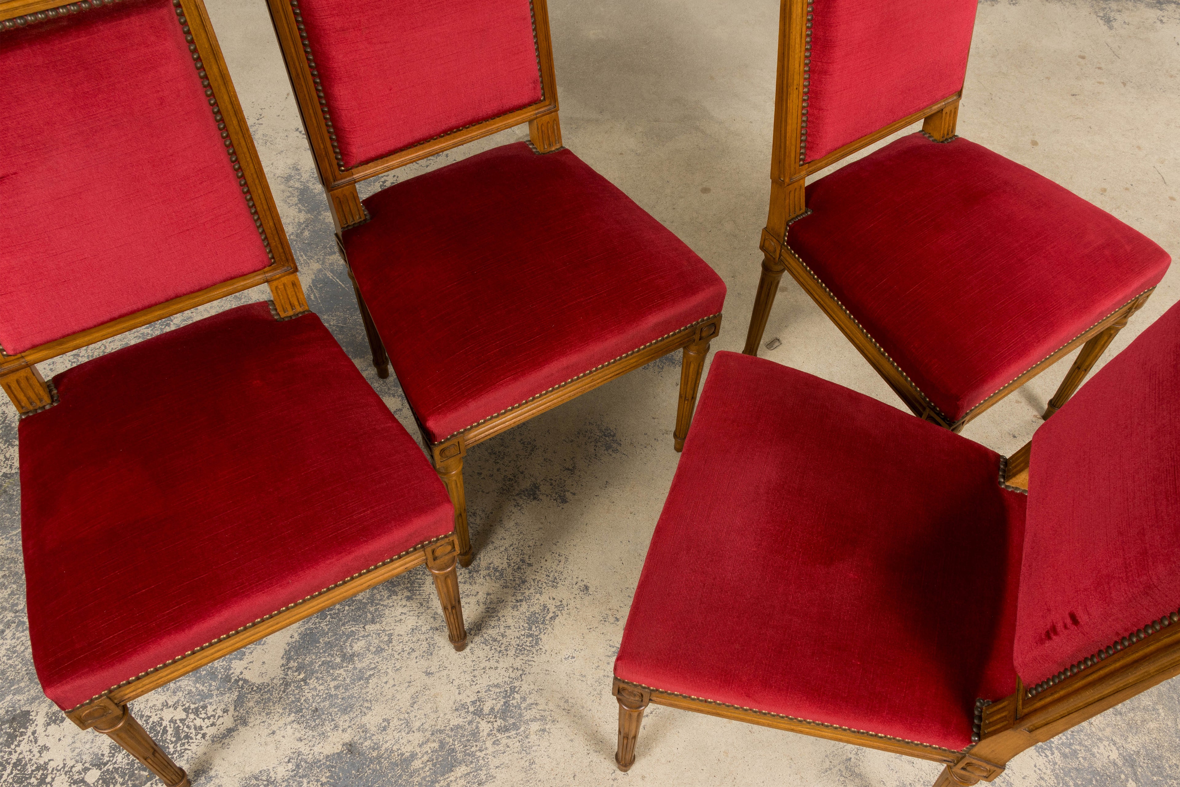 French Louis XVI Style Dining Chairs W/ Red Velvet - Set of 6