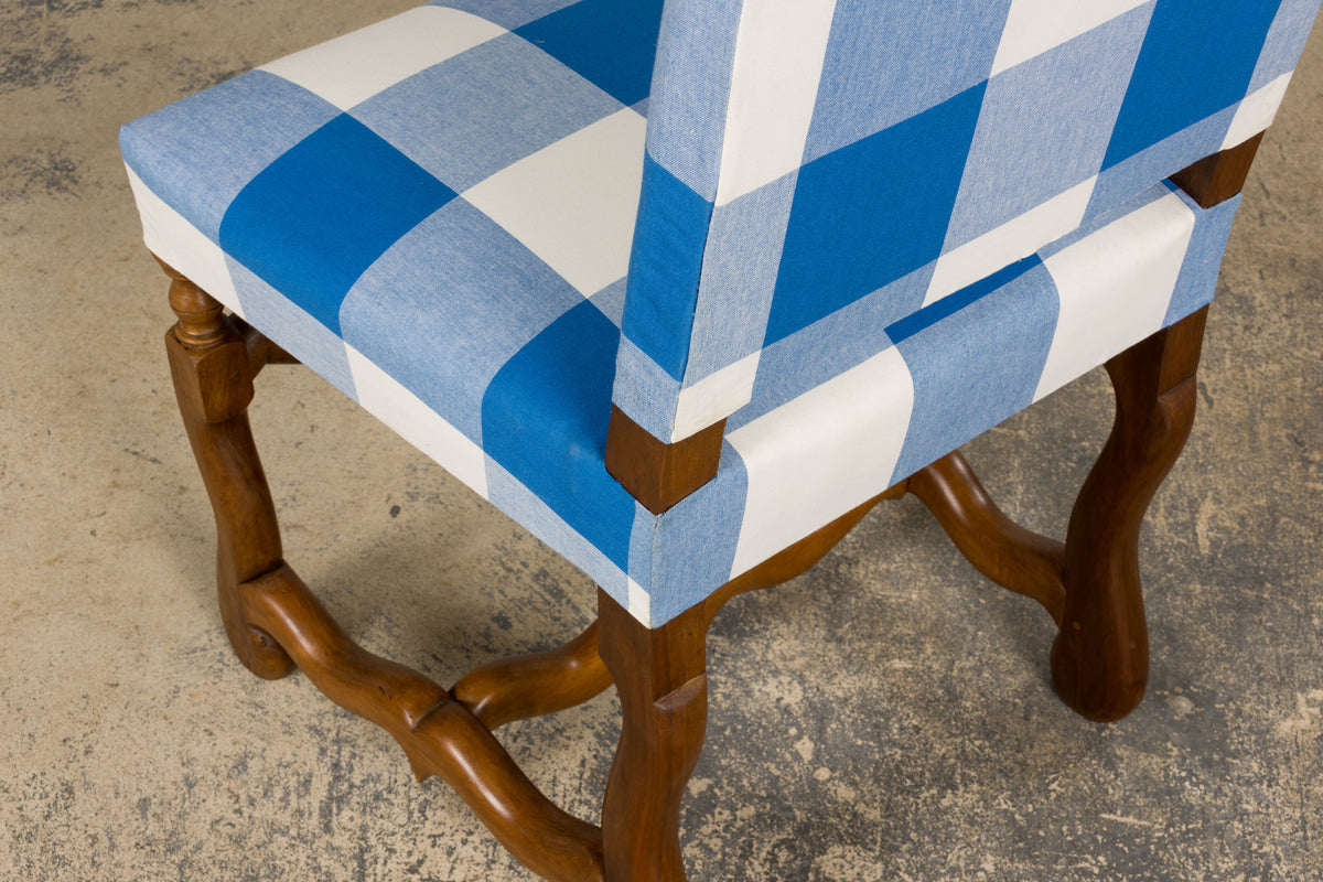 French Louis XIII Style Os De Mouton Walnut Dining Chairs W/ Tabourets in Blue Plaid - Set of 8