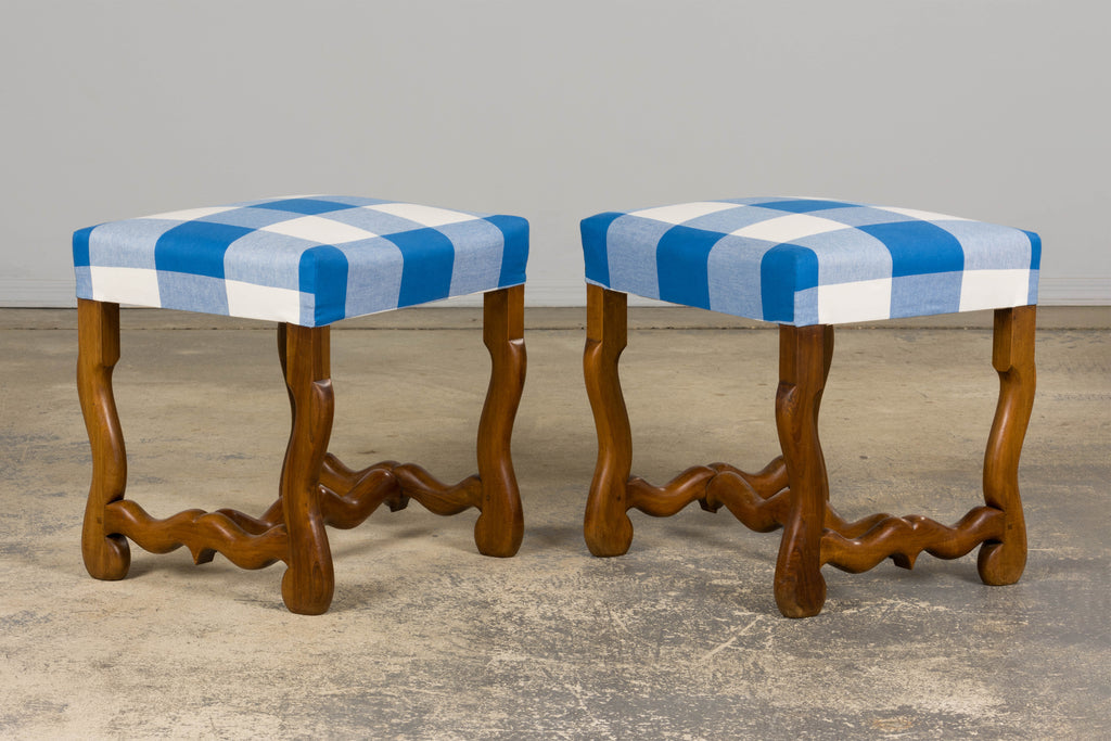 French Louis XIII Style Os De Mouton Walnut Dining Chairs W/ Tabourets in Blue Plaid - Set of 8