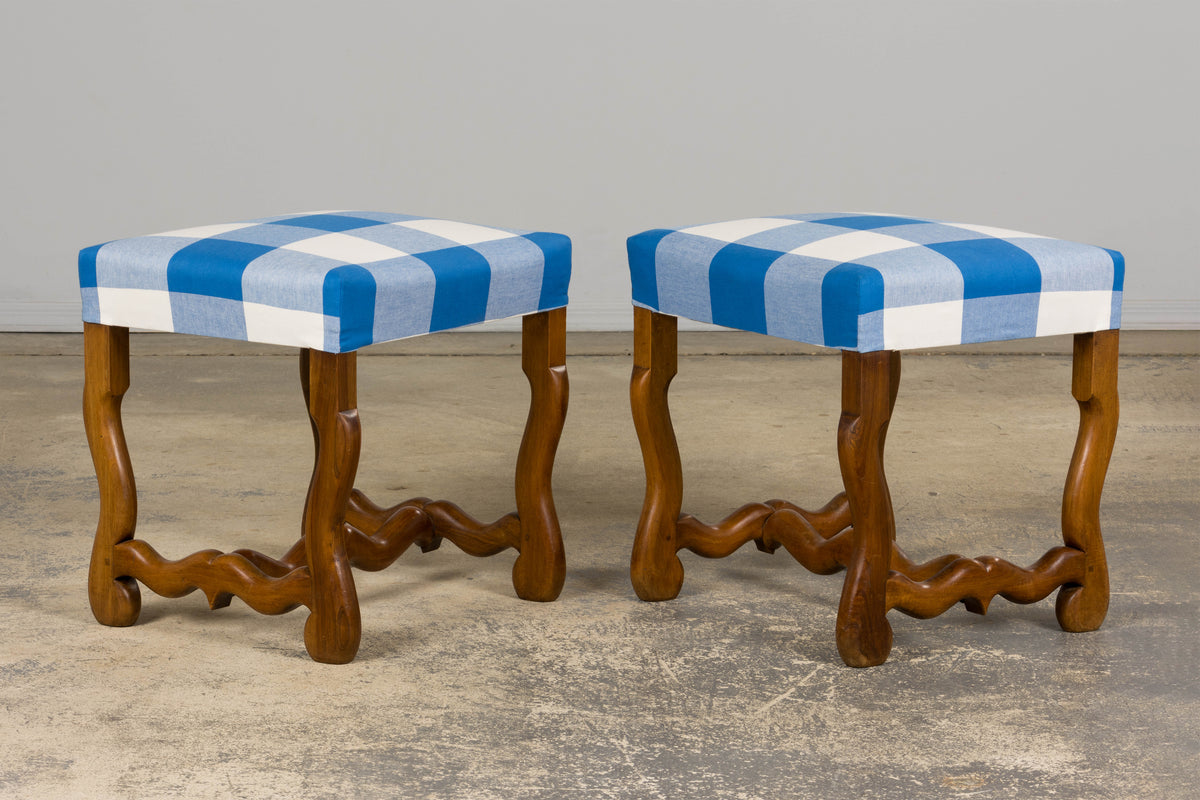 French Louis XIII Style Os De Mouton Walnut Dining Chairs W/ Tabourets in Blue Plaid - Set of 8