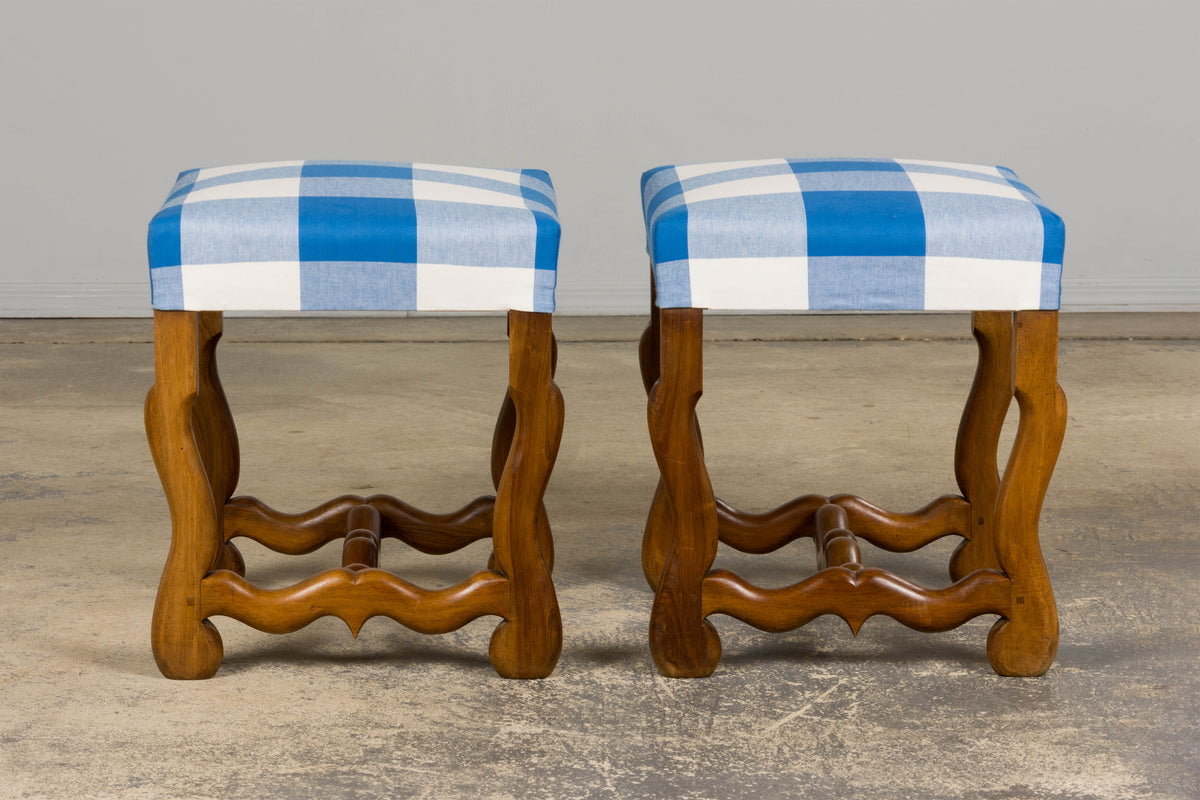 French Louis XIII Style Os De Mouton Walnut Dining Chairs W/ Tabourets in Blue Plaid - Set of 8