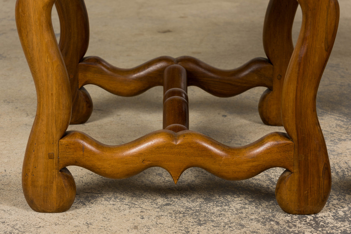 French Louis XIII Style Os De Mouton Walnut Dining Chairs W/ Tabourets in Blue Plaid - Set of 8