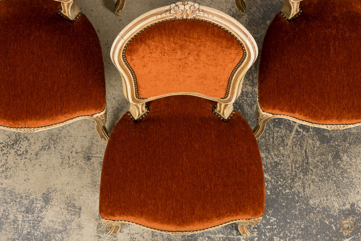 Antique French Louis XV Style Painted Dining Chairs In Rust Fabric - Set of 6