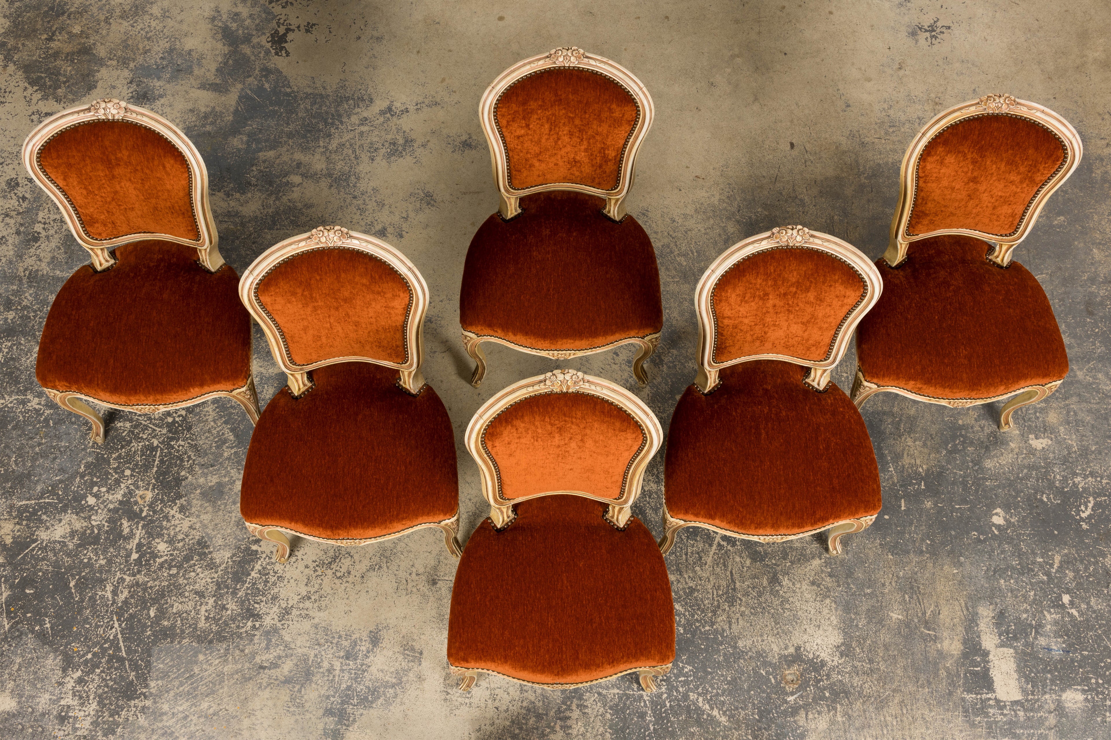 Antique French Louis XV Style Painted Dining Chairs In Rust Fabric - Set of 6