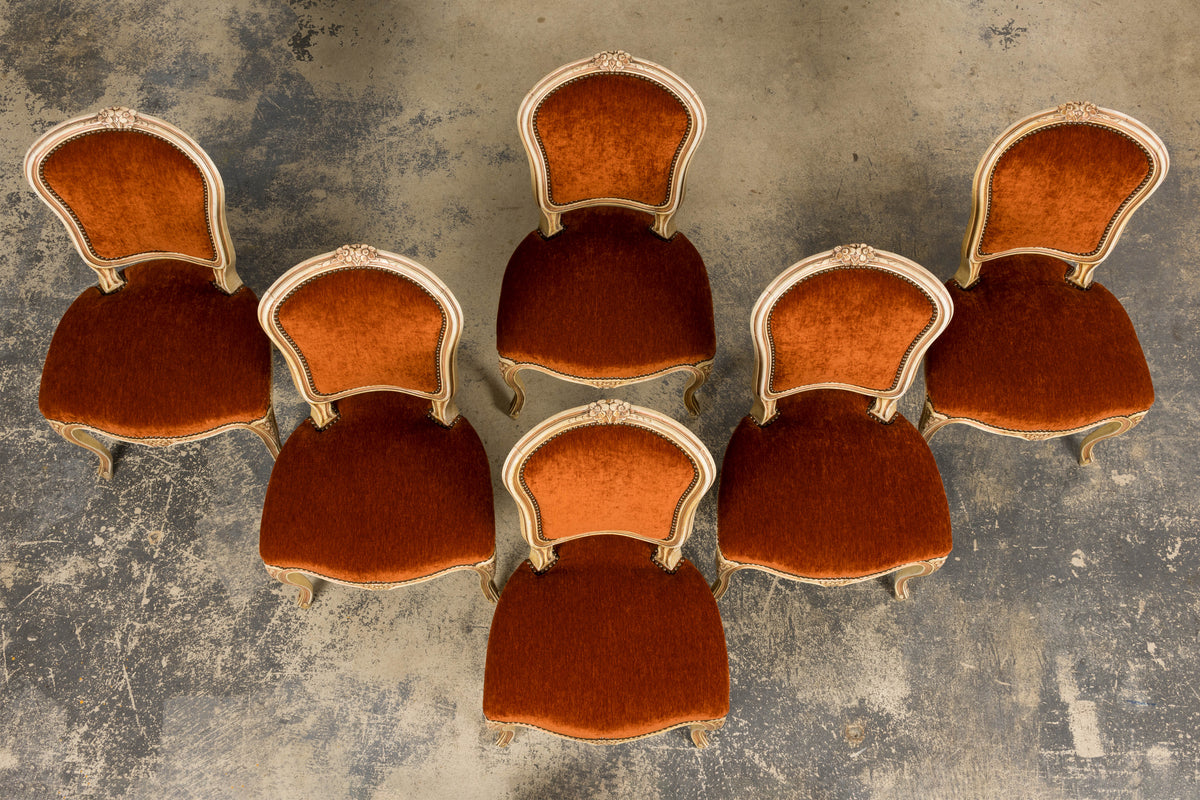 Antique French Louis XV Style Painted Dining Chairs In Rust Fabric - Set of 6