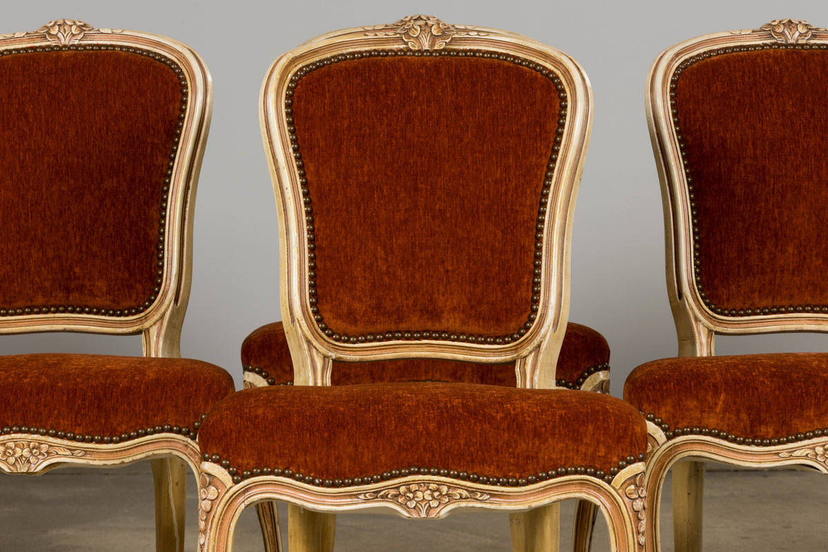 Antique French Louis XV Style Painted Dining Chairs In Rust Fabric - Set of 6