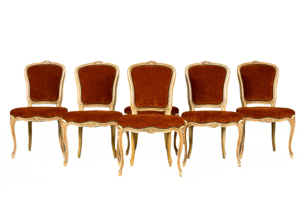 Antique French Louis XV Style Painted Dining Chairs In Rust Fabric - Set of 6