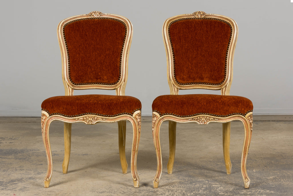 Antique French Louis XV Style Painted Dining Chairs In Rust Fabric - Set of 6
