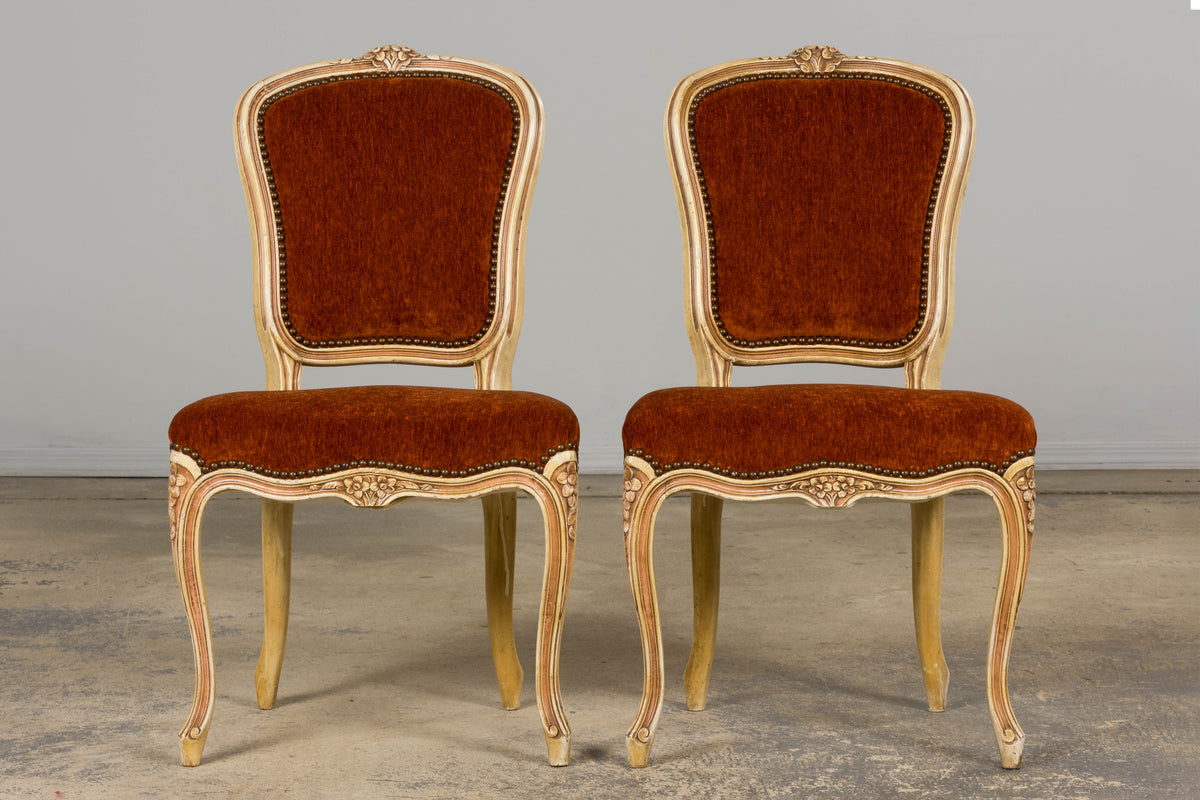 Antique French Louis XV Style Painted Dining Chairs In Rust Fabric - Set of 6