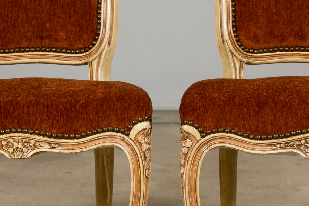 Antique French Louis XV Style Painted Dining Chairs In Rust Fabric - Set of 6