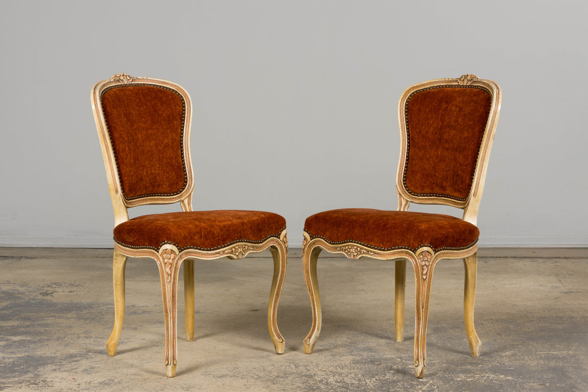 Antique French Louis XV Style Painted Dining Chairs In Rust Fabric - Set of 6