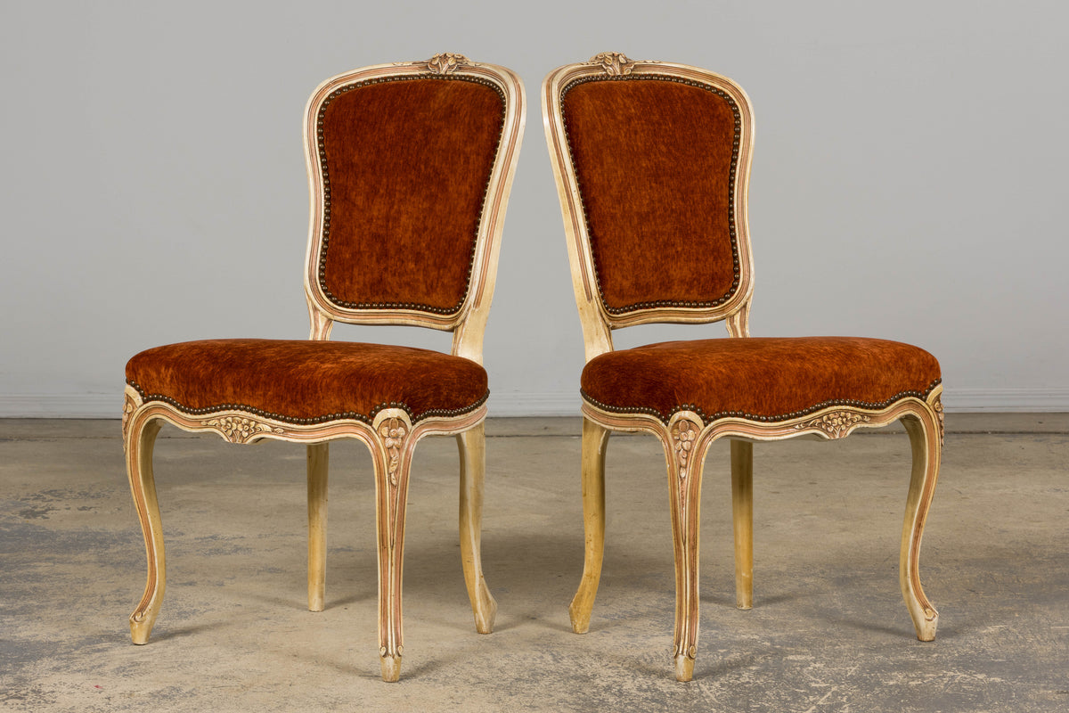 Antique French Louis XV Style Painted Dining Chairs In Rust Fabric - Set of 6