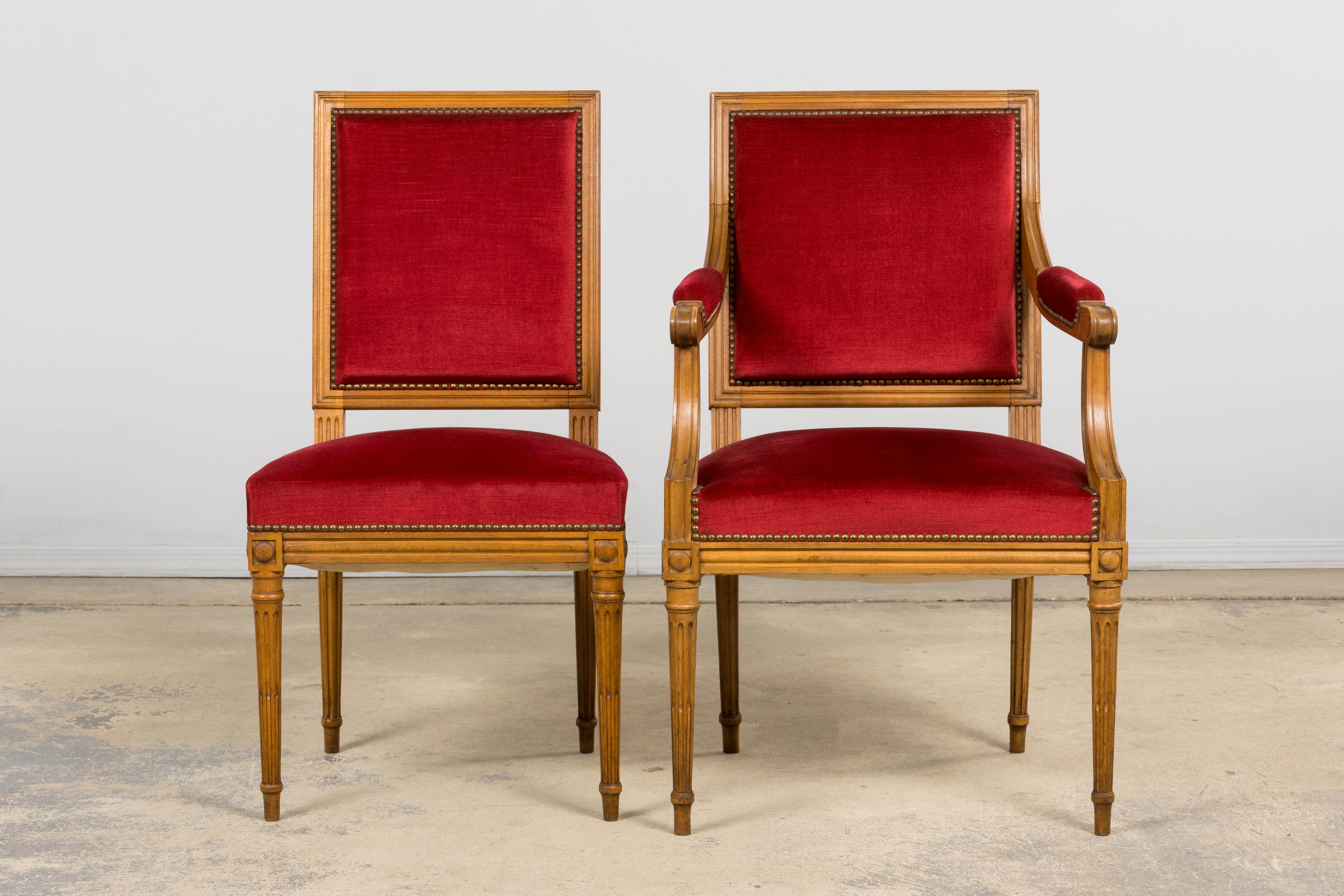 French Louis XVI Style Dining Chairs W/ Red Velvet - Set of 6
