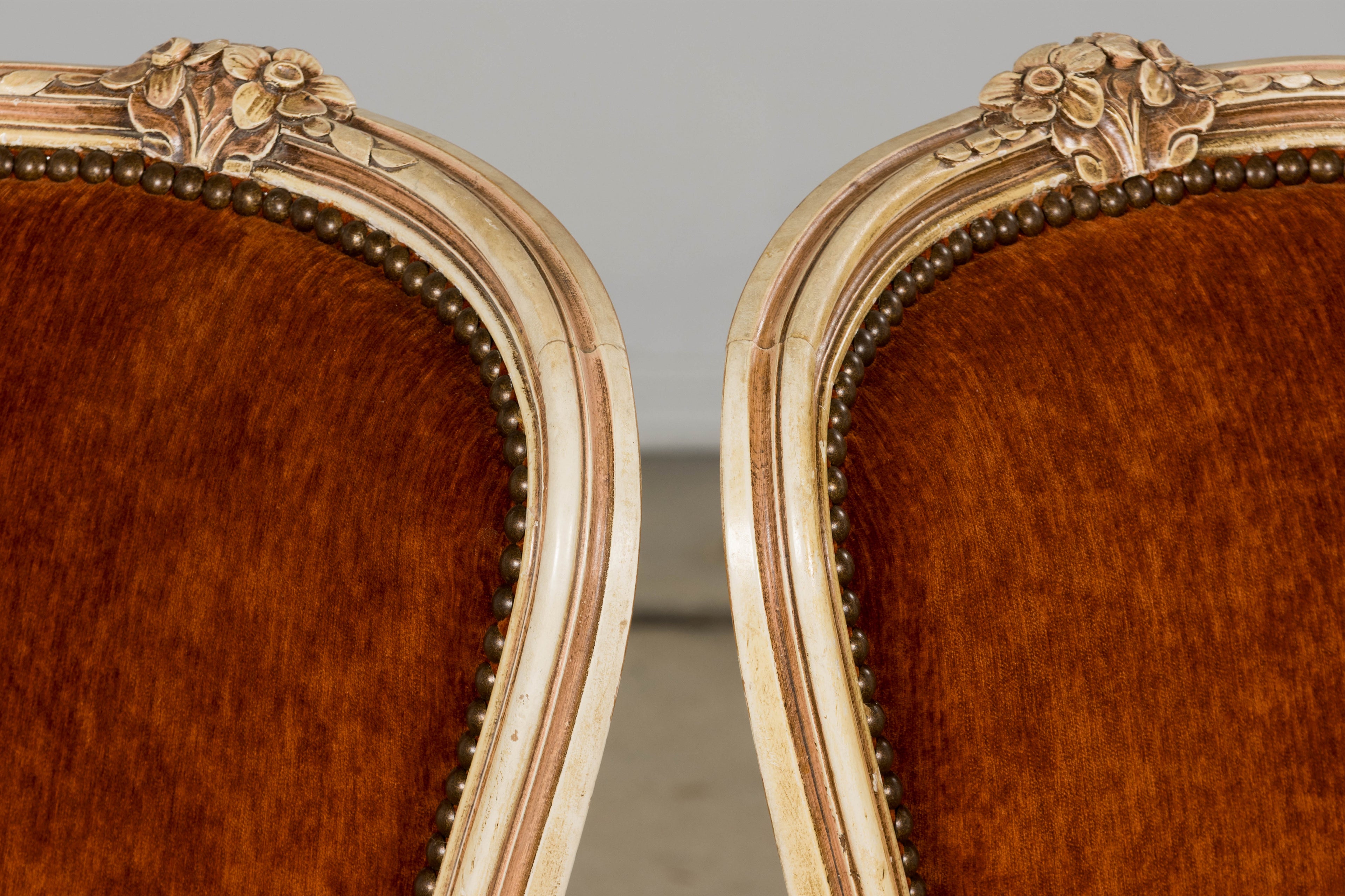 Antique French Louis XV Style Painted Dining Chairs In Rust Fabric - Set of 6