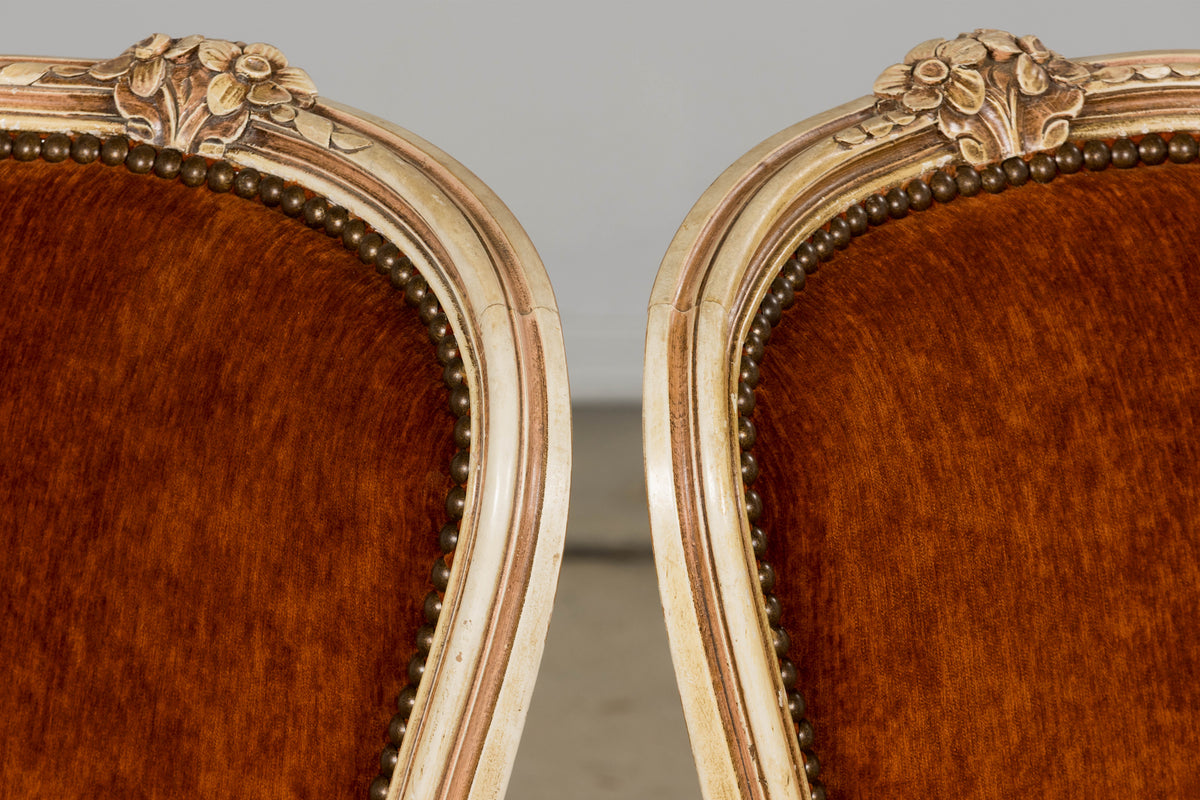 Antique French Louis XV Style Painted Dining Chairs In Rust Fabric - Set of 6