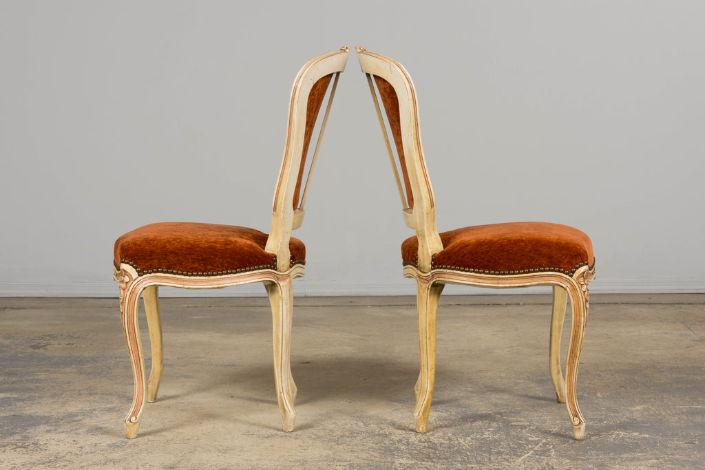 Antique French Louis XV Style Painted Dining Chairs In Rust Fabric - Set of 6