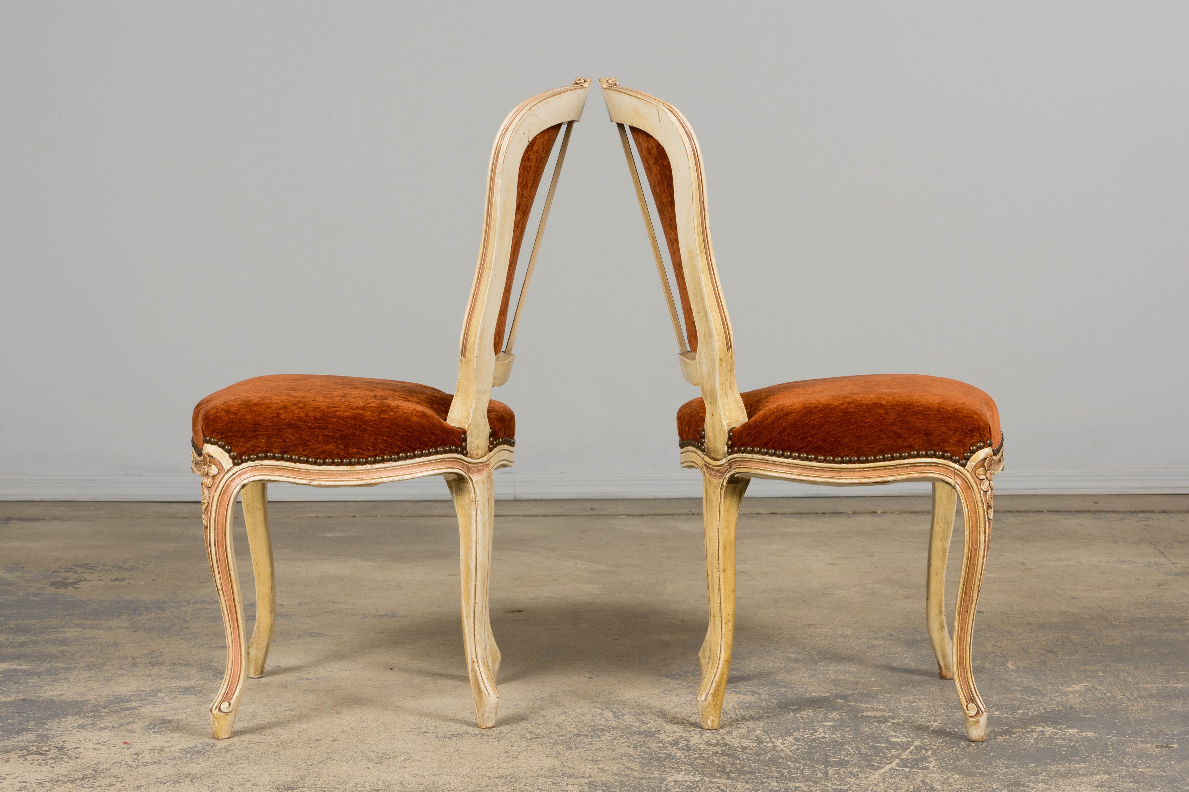 Antique French Louis XV Style Painted Dining Chairs In Rust Fabric - Set of 6