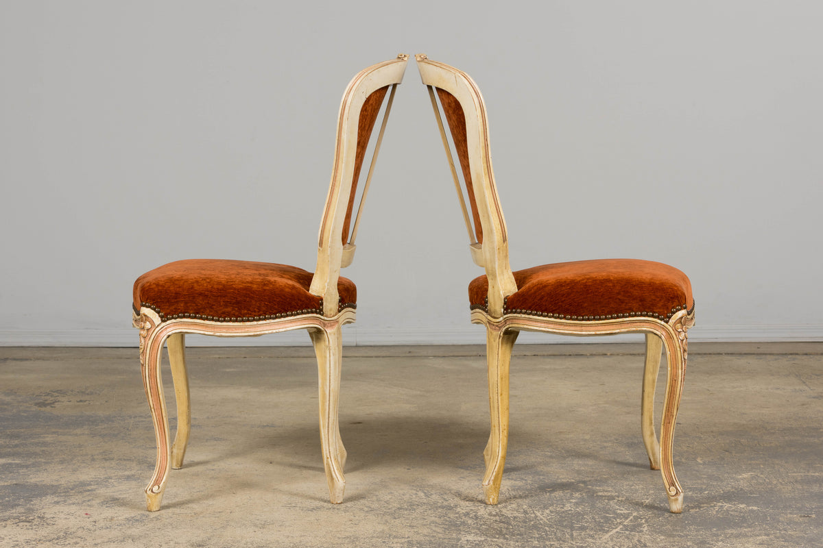 Antique French Louis XV Style Painted Dining Chairs In Rust Fabric - Set of 6