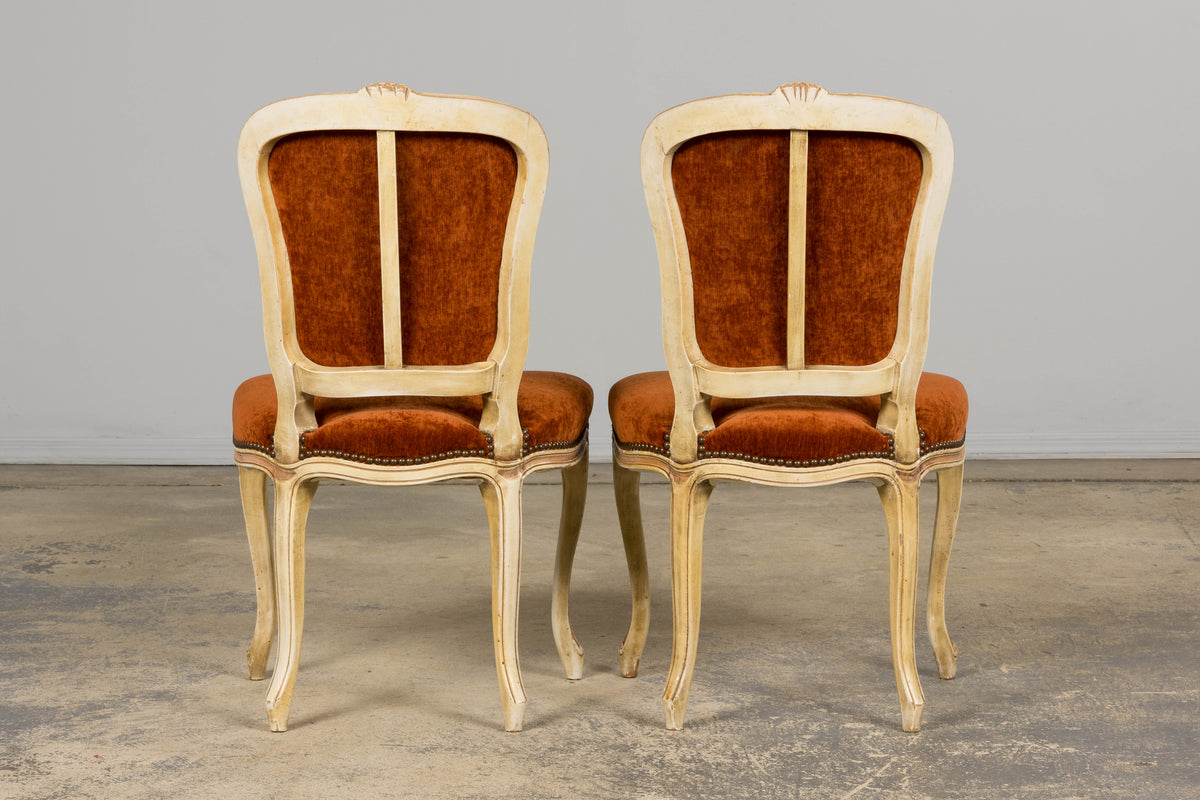 Antique French Louis XV Style Painted Dining Chairs In Rust Fabric - Set of 6