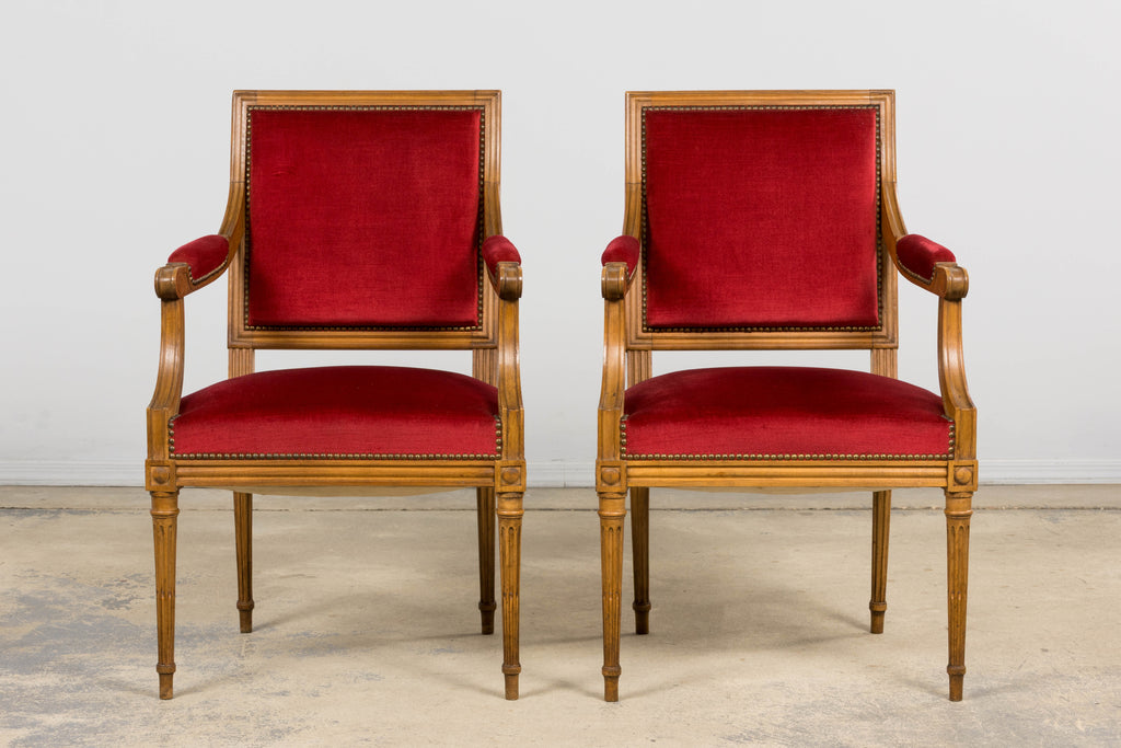 French Louis XVI Style Dining Chairs W/ Red Velvet - Set of 6