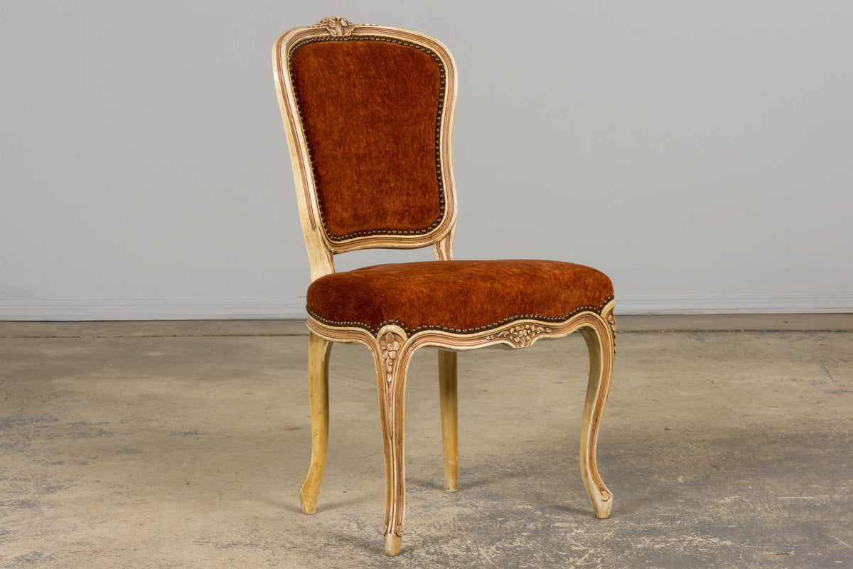 Antique French Louis XV Style Painted Dining Chairs In Rust Fabric - Set of 6