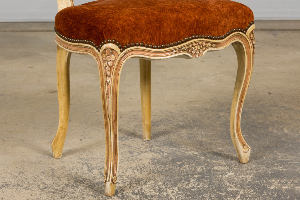 Antique French Louis XV Style Painted Dining Chairs In Rust Fabric - Set of 6
