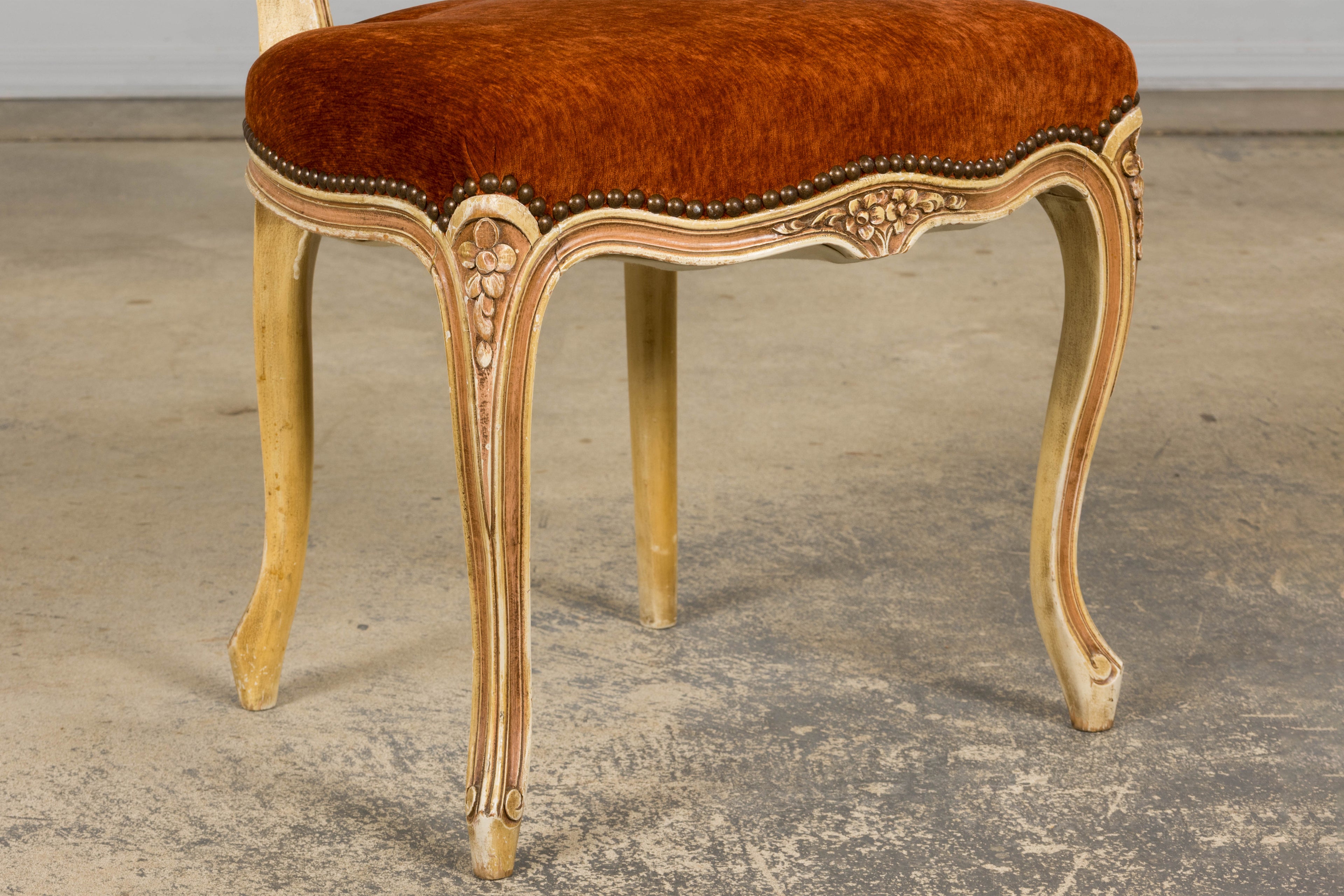 Antique French Louis XV Style Painted Dining Chairs In Rust Fabric - Set of 6