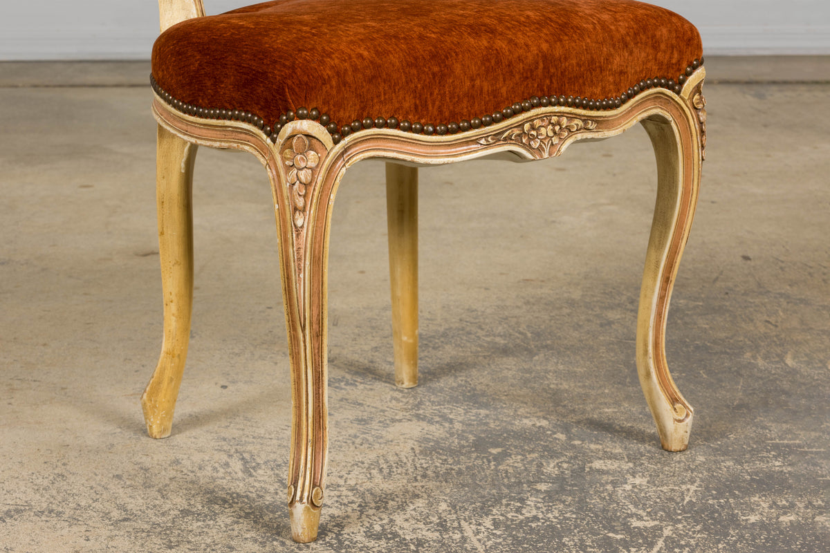 Antique French Louis XV Style Painted Dining Chairs In Rust Fabric - Set of 6