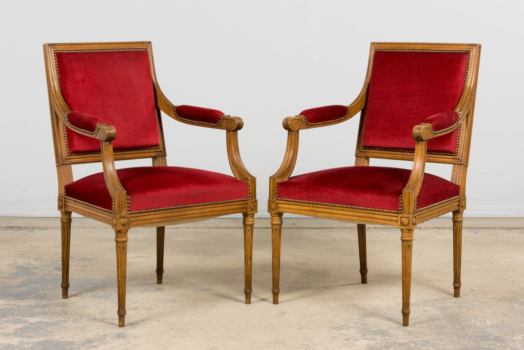 French Louis XVI Style Dining Chairs W/ Red Velvet - Set of 6