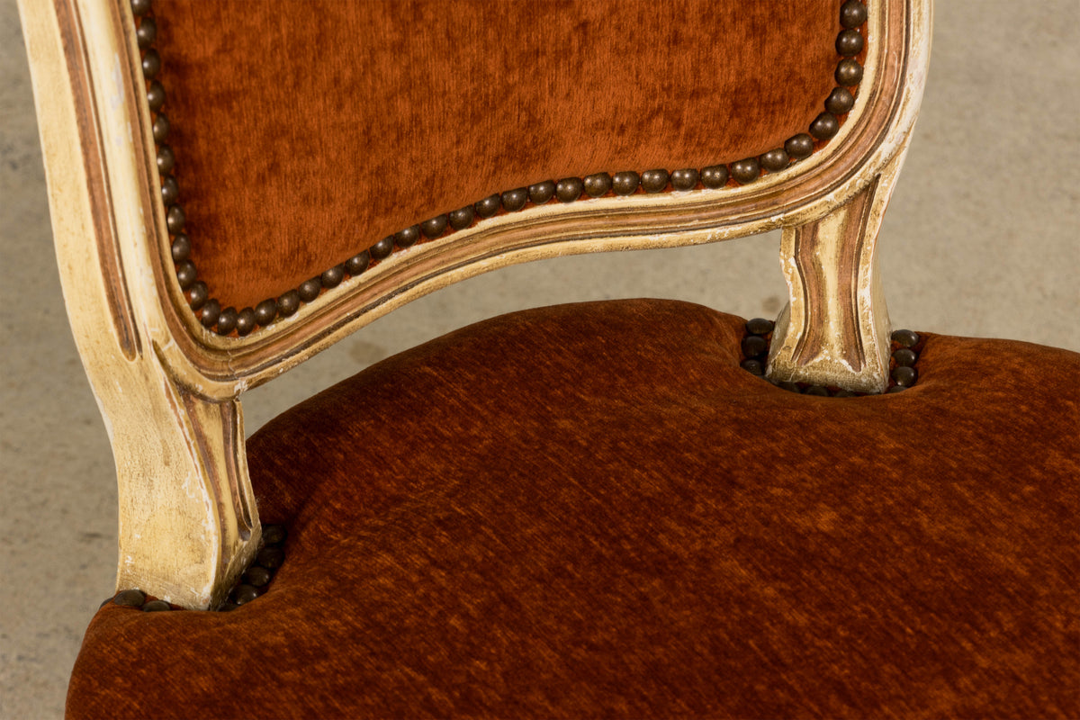 Antique French Louis XV Style Painted Dining Chairs In Rust Fabric - Set of 6