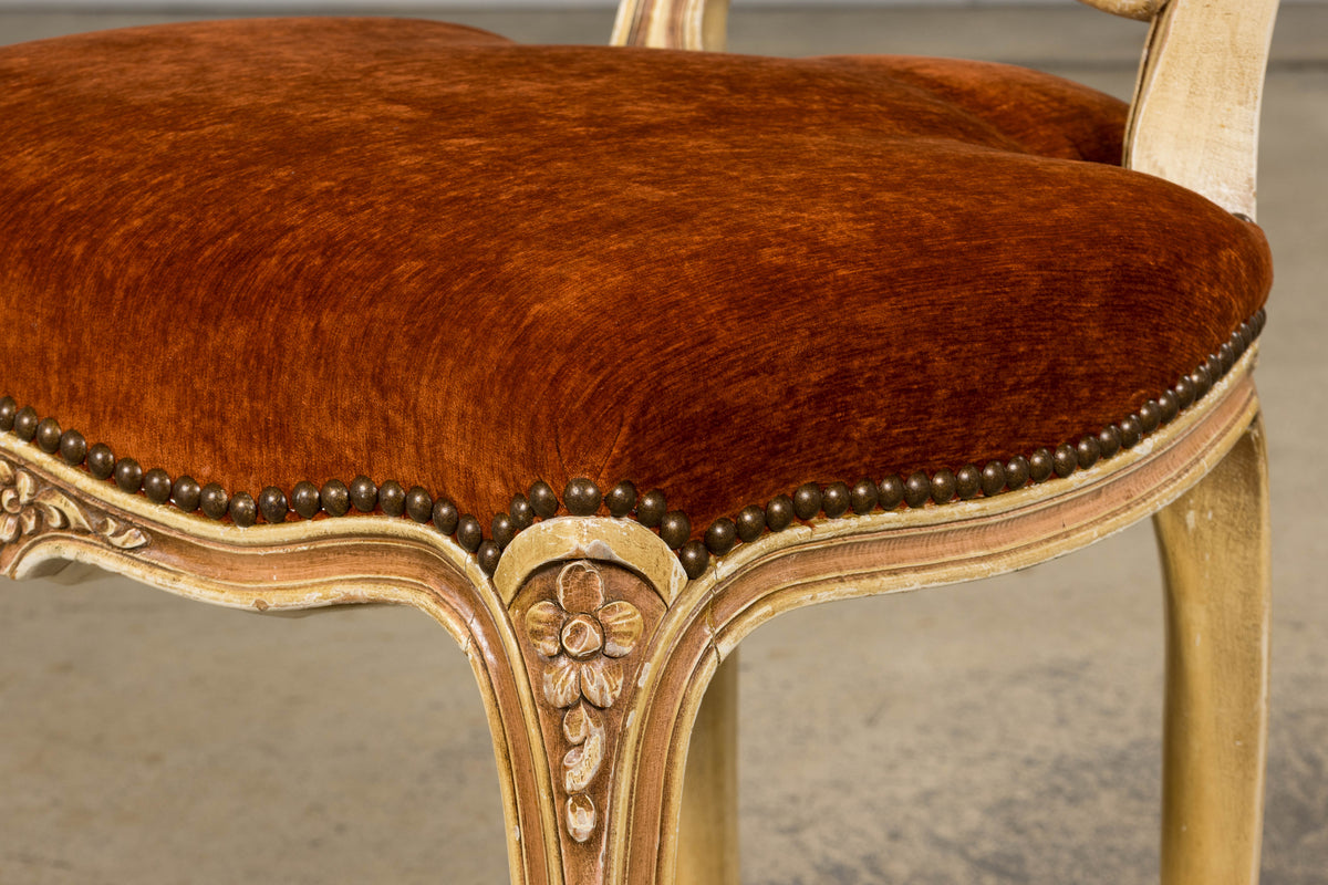 Antique French Louis XV Style Painted Dining Chairs In Rust Fabric - Set of 6