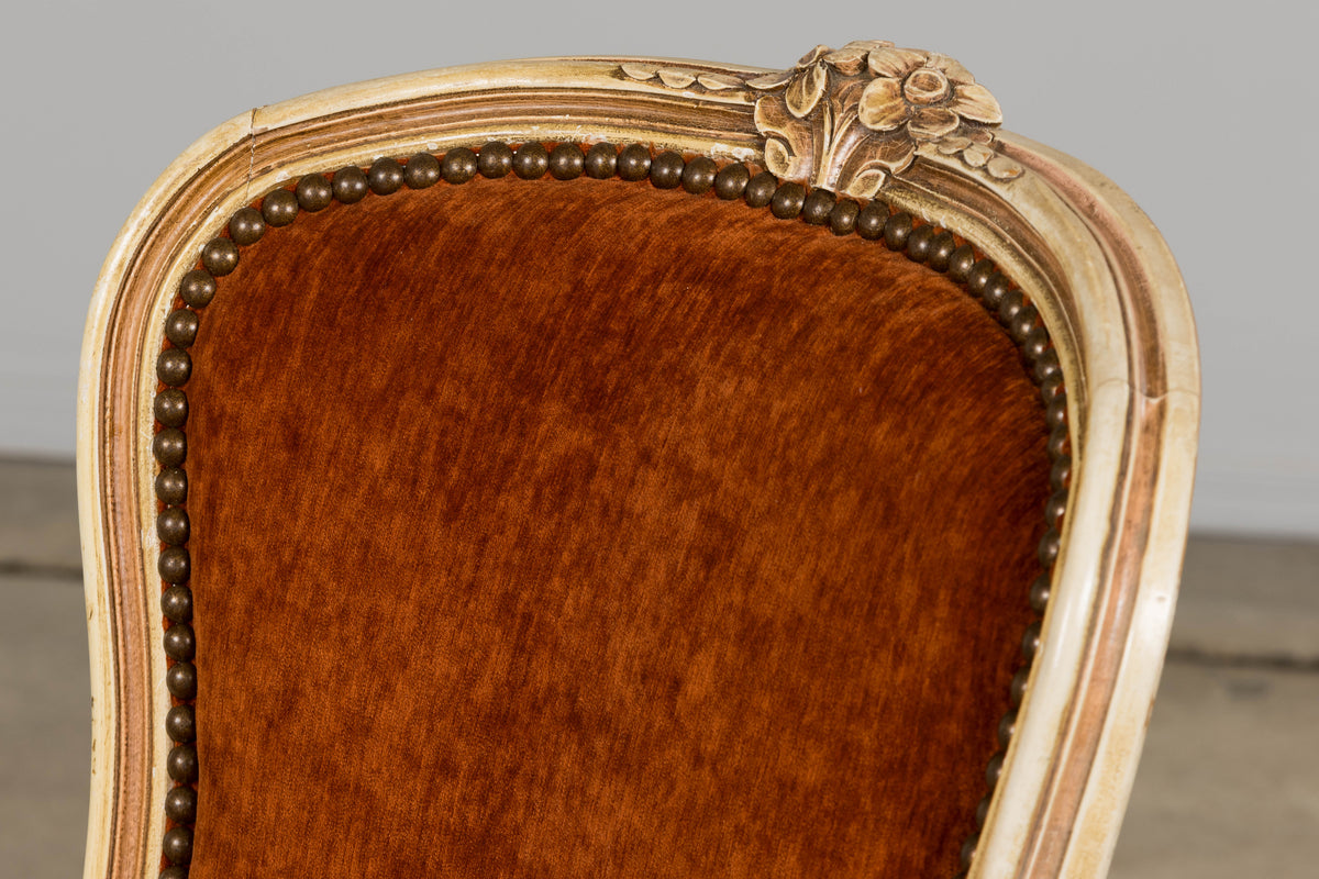 Antique French Louis XV Style Painted Dining Chairs In Rust Fabric - Set of 6