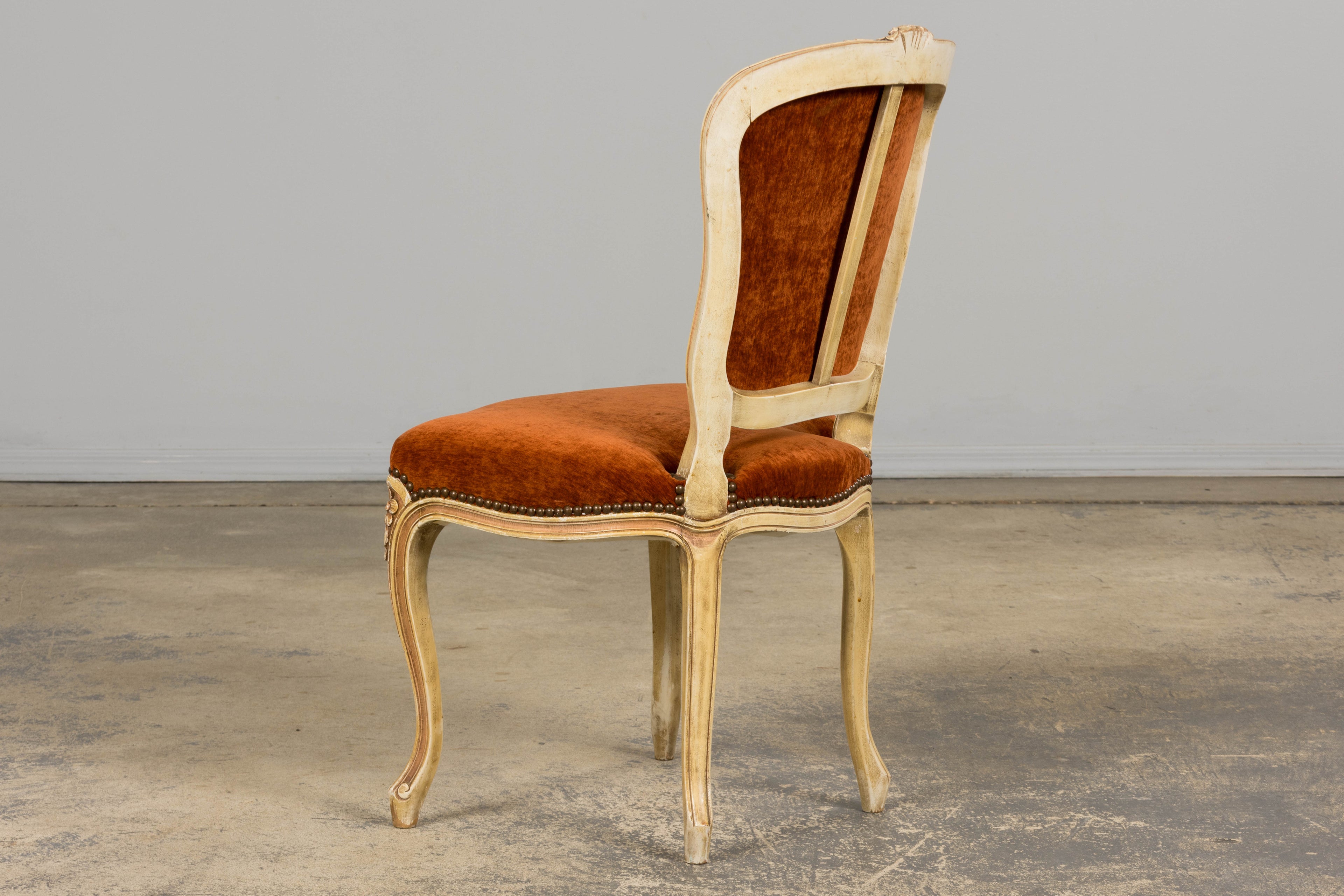 Antique French Louis XV Style Painted Dining Chairs In Rust Fabric - Set of 6