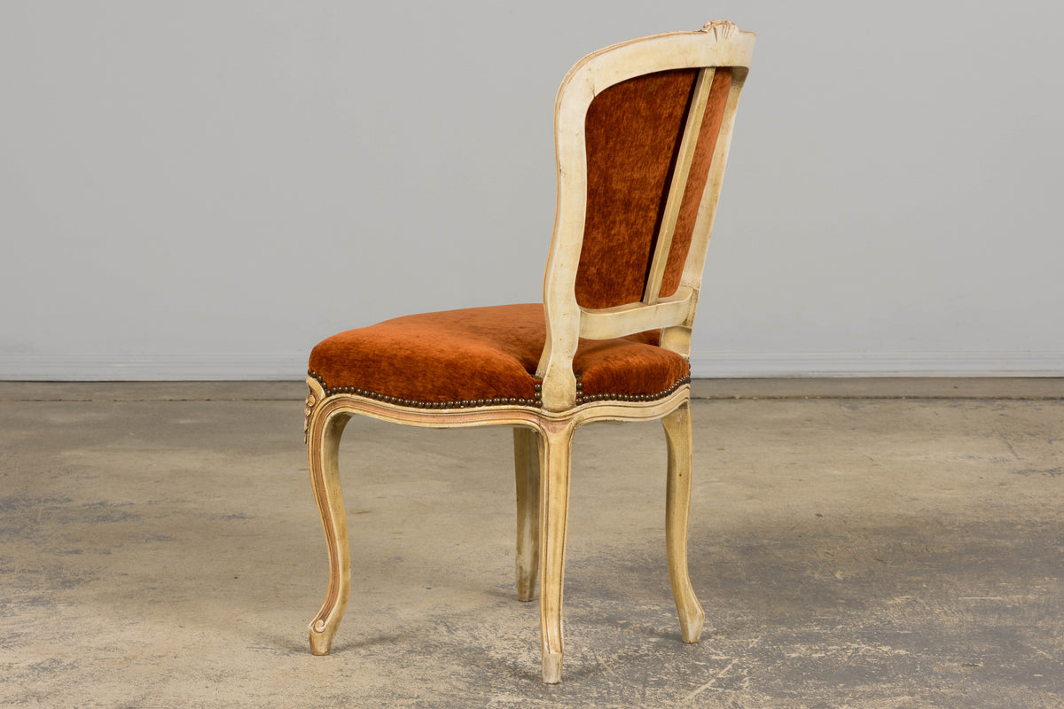 Antique French Louis XV Style Painted Dining Chairs In Rust Fabric - Set of 6