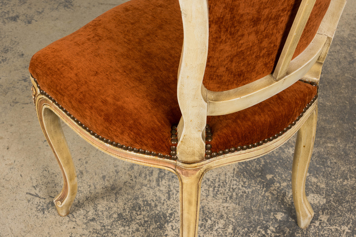 Antique French Louis XV Style Painted Dining Chairs In Rust Fabric - Set of 6