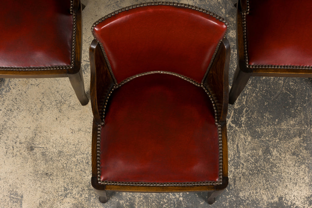 1930s French Art Deco Maple Gondola Dining Chairs W/ Red Faux Leather - Set of 6