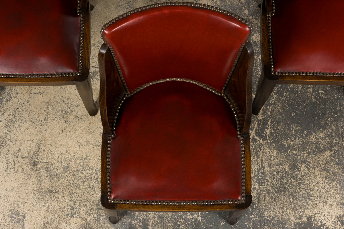 1930s French Art Deco Maple Gondola Dining Chairs W/ Red Faux Leather - Set of 6
